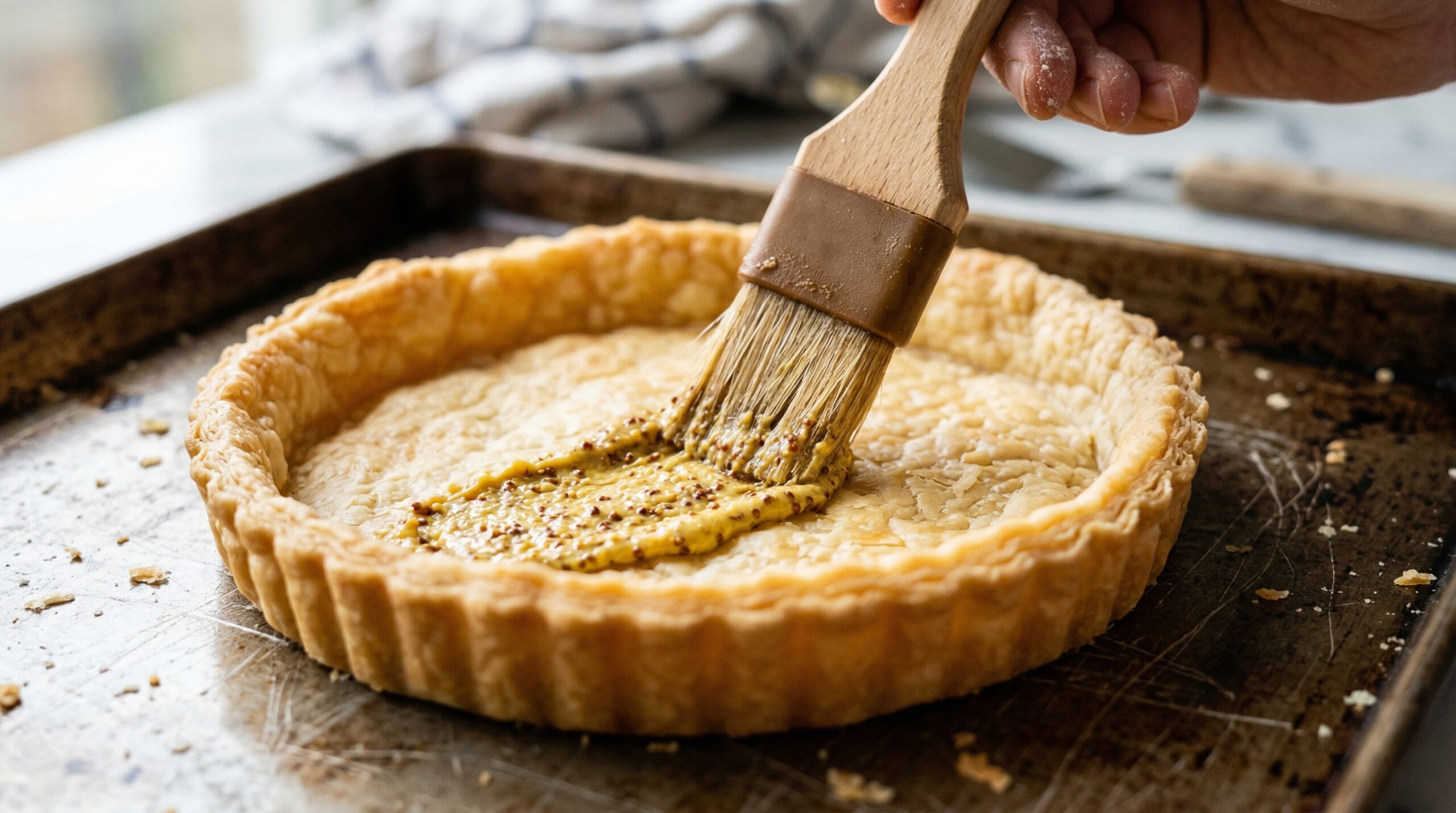 Macro detail of a beautifully fluted, golden-brown all-butter tart crust being brushed with a layer of sharp Dijon mustard