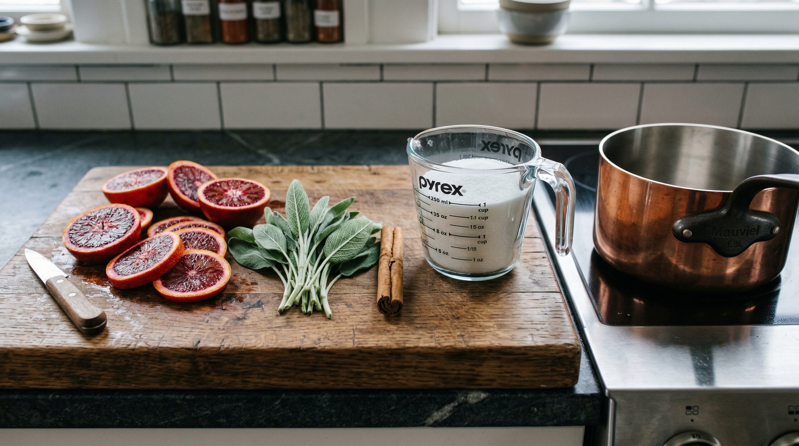 Sliced crimson blood oranges resting next to fresh sage leaves, a whole cinnamon stick, and a heavy glass measuring cup filled with white granulated sugar