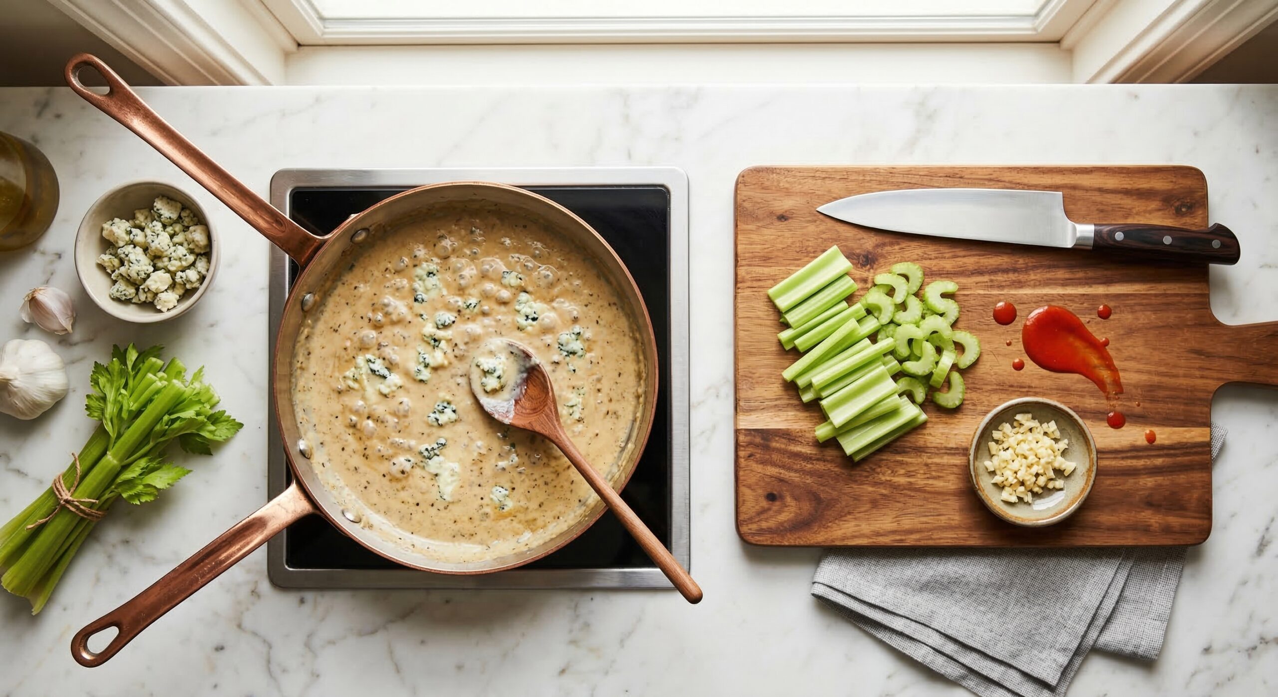 A copper sauté pan containing bubbling, creamy blue cheese gravy next to a cutting board with thinly sliced celery, minced garlic, and cayenne pepper sauce.