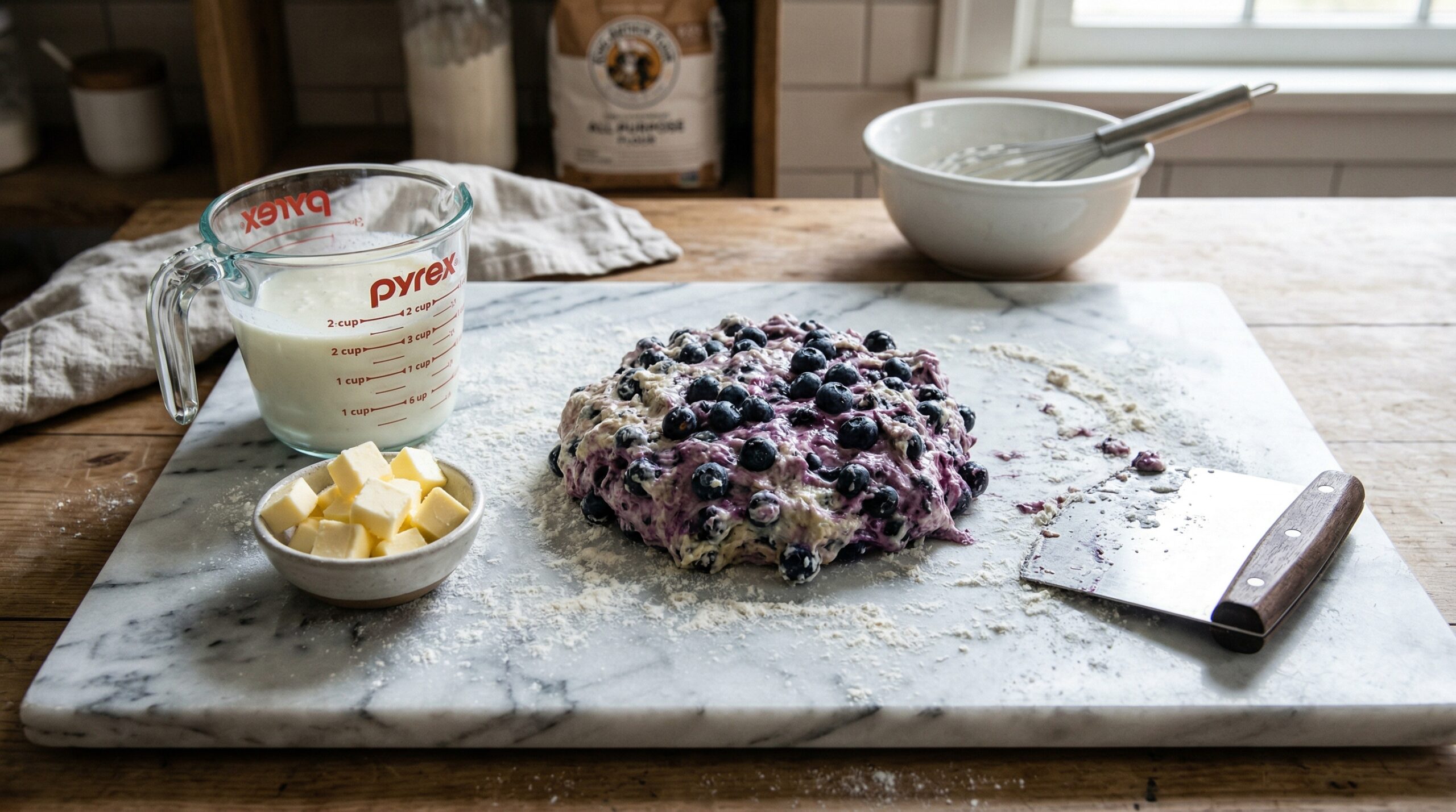 A heavy marble pastry board dusted with flour holding a soft, vibrant blueberry-studded biscuit dough next to a stainless steel pastry cutter and a glass measuring cup of buttermilk