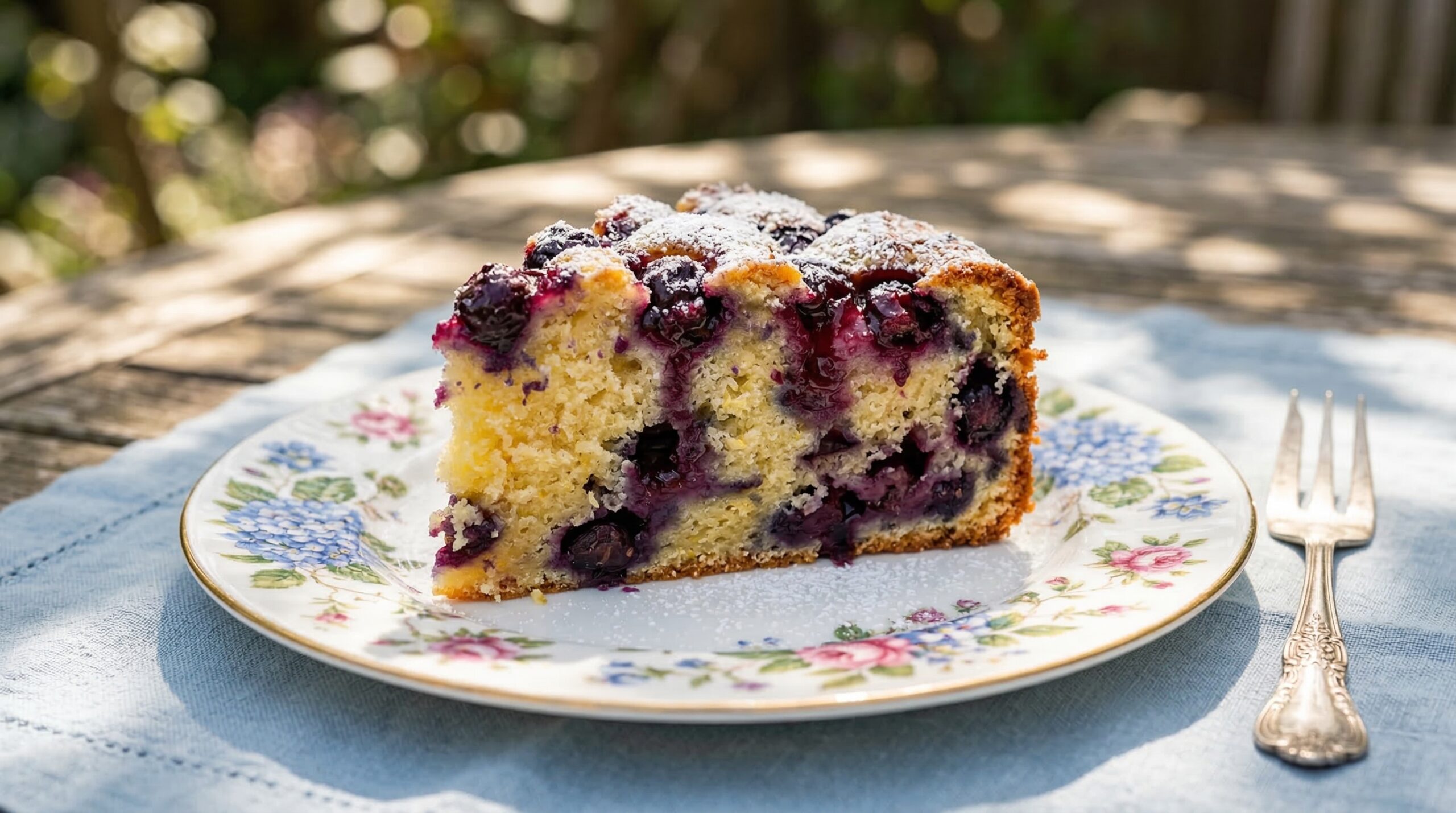 A slice of rustic Blueberry-Lemon Sour Cream Cake