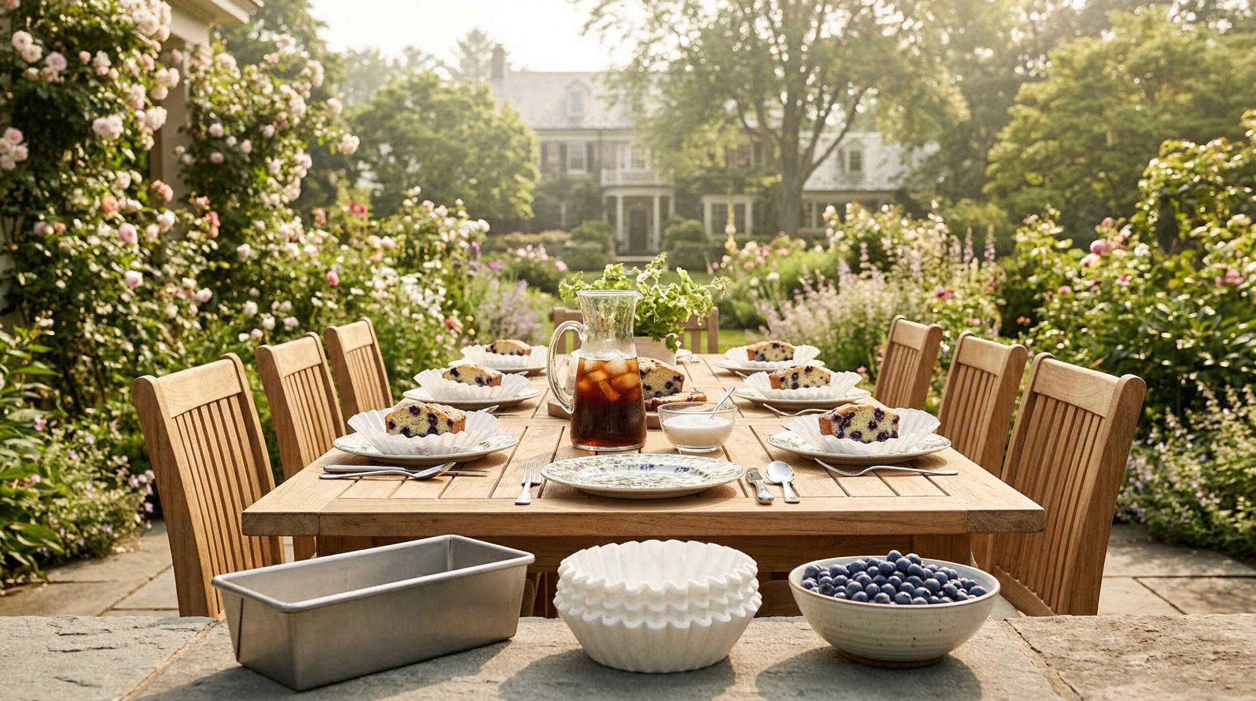 Lush estate garden terrace breakfast for eight featuring Blueberry Sleeve Cake and iced coffee