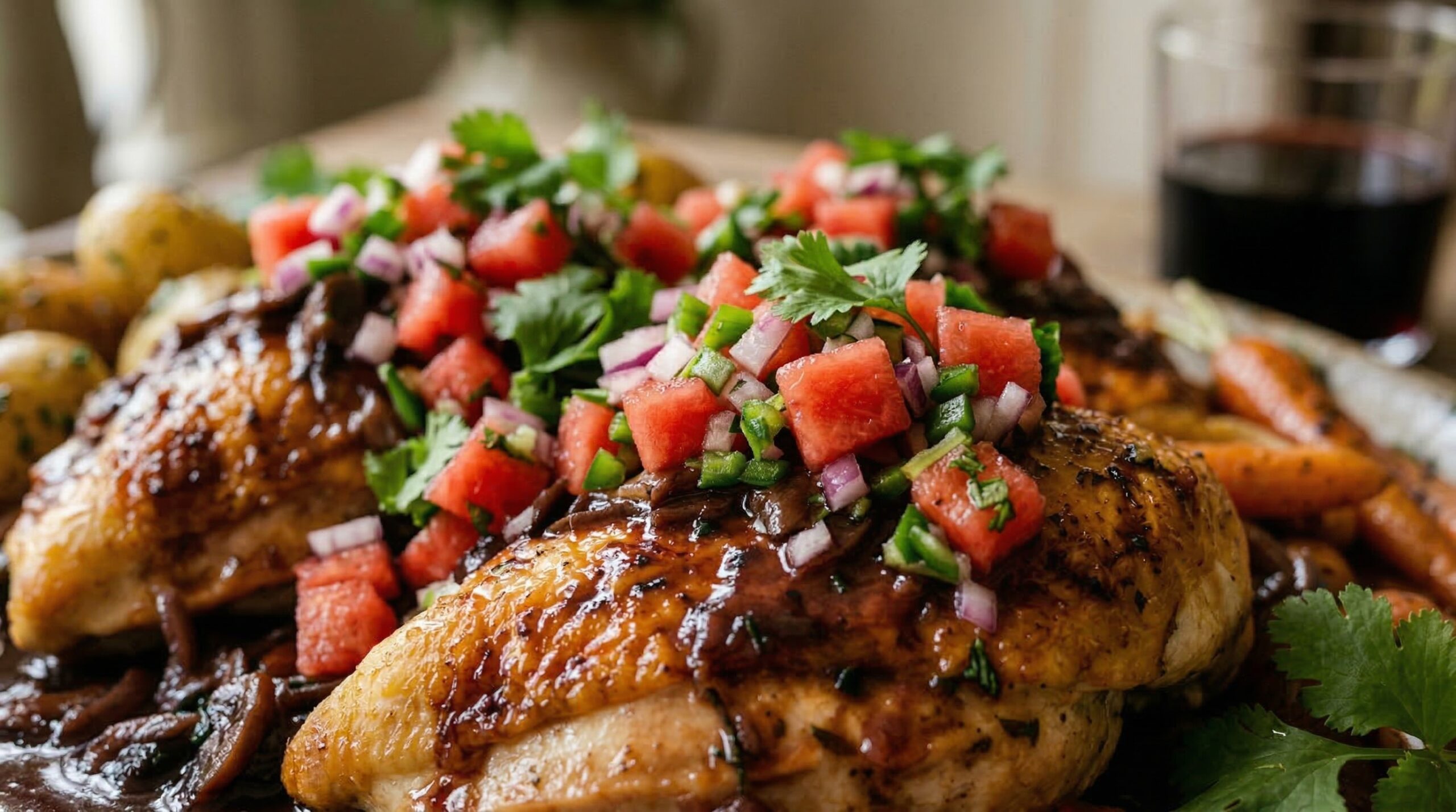Macro close-up of deeply savory braised chicken contrasting with crisp, cold cubes of watermelon and jalapeño salsa resting on top.