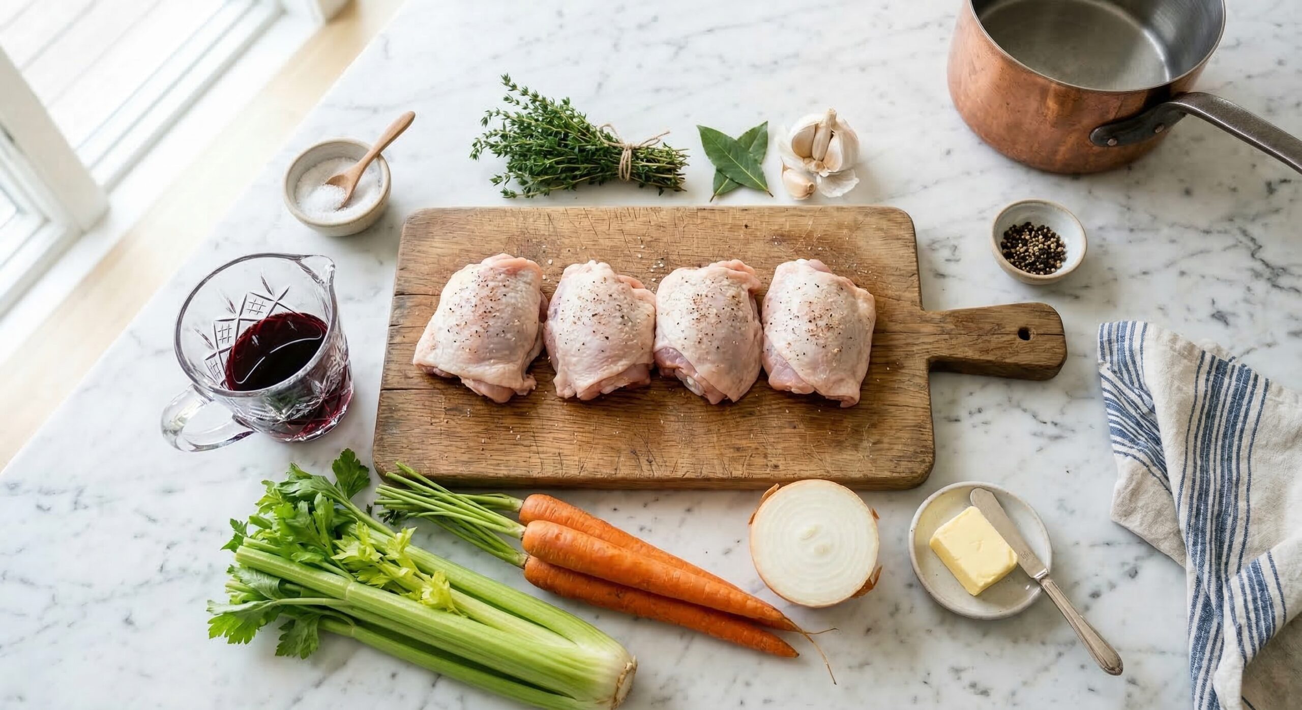 Flat lay of high-end raw ingredients for French-American braised chicken thighs, including red wine, fresh thyme, carrots, celery, and butter on a white marble kitchen island.