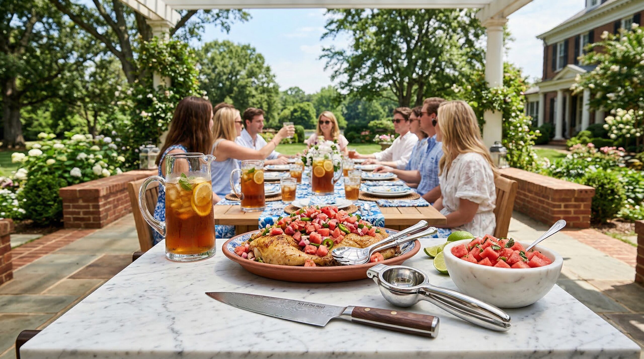 Vibrant estate terrace lunch for eight featuring braised chicken with watermelon salsa and iced tea