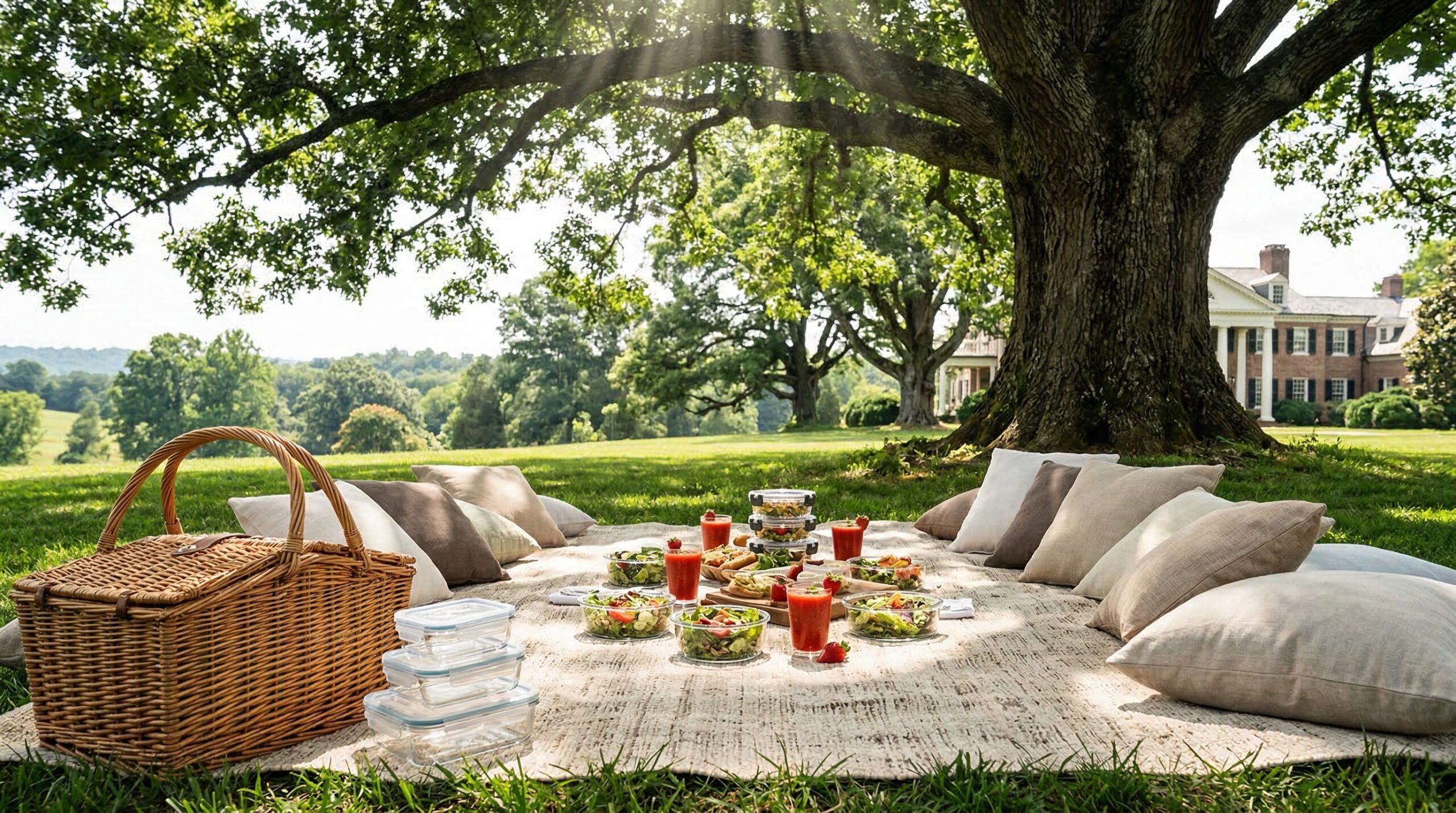 Regency-inspired estate lawn picnic for eight beneath a grand oak tree featuring individual glass containers