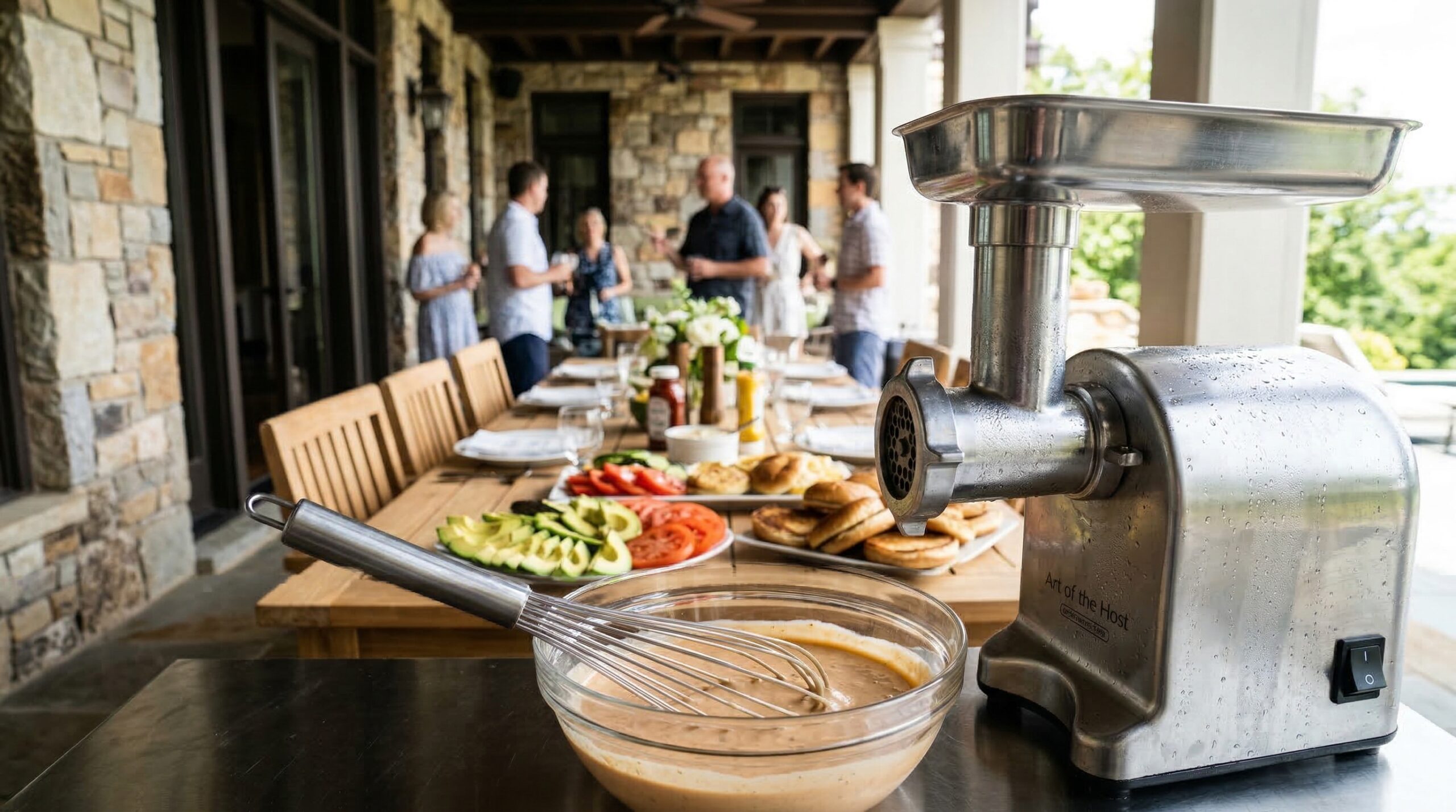 Abundant Sunday burger toppings bar for eight guests on a sun-drenched estate patio