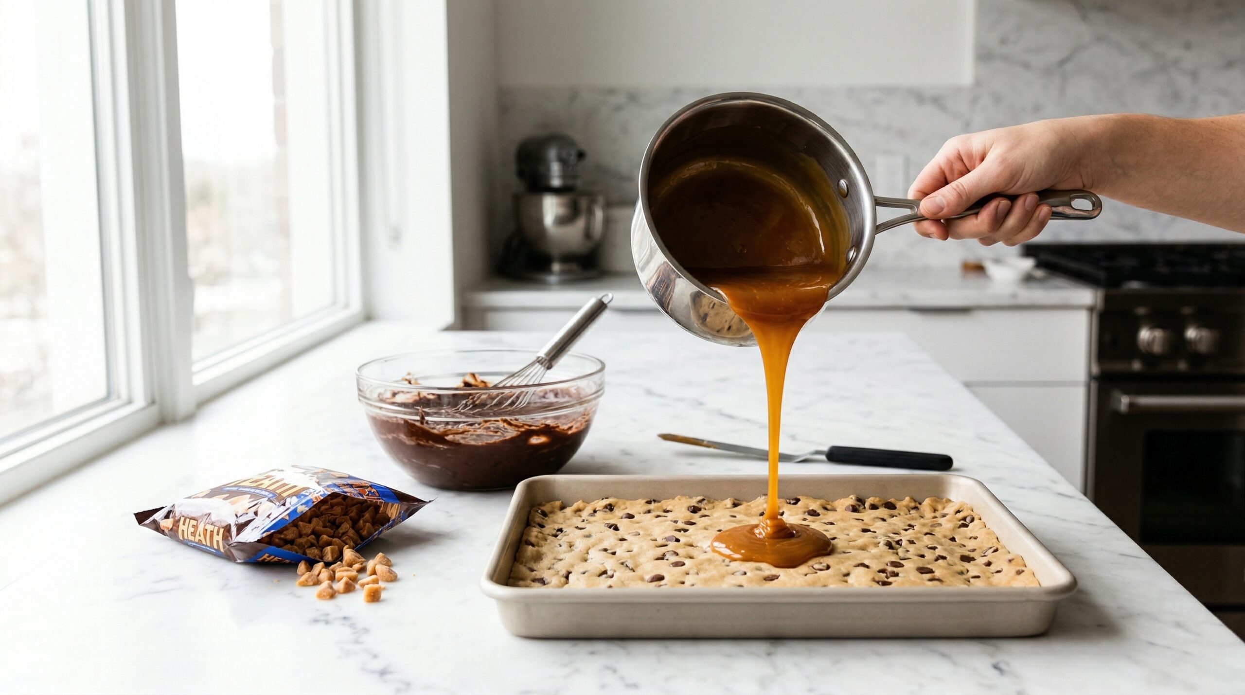 Technical preparation showing the layering of molten caramel over a cookie dough foundation