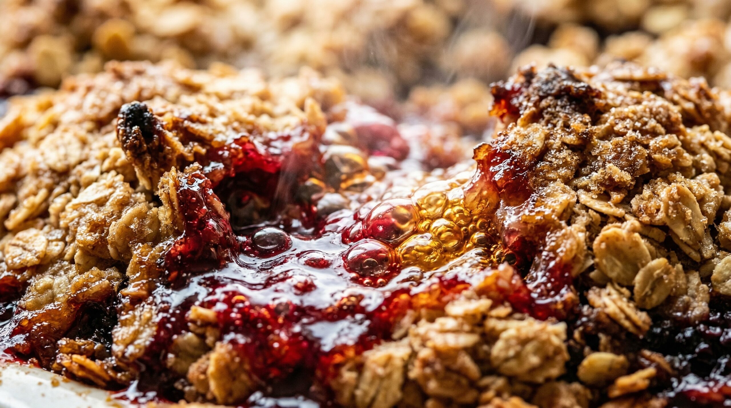Macro detail of hot, dark ruby-red fruit juices actively bubbling through a golden-brown baked oat crust