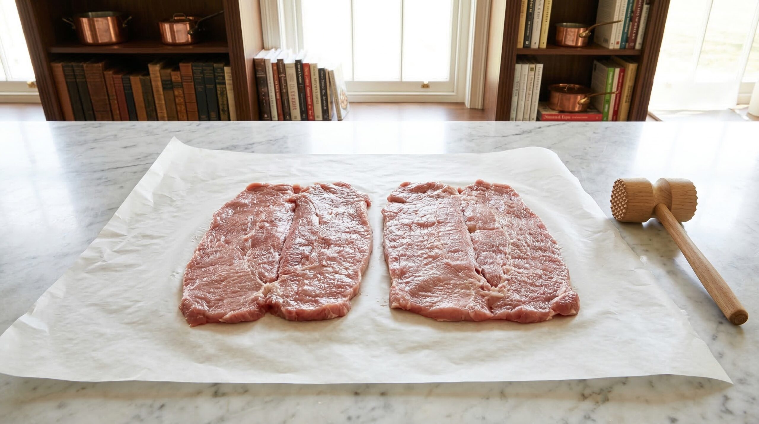 The technical process of butterflying and pounding a pork tenderloin for a uniform stuffing surface