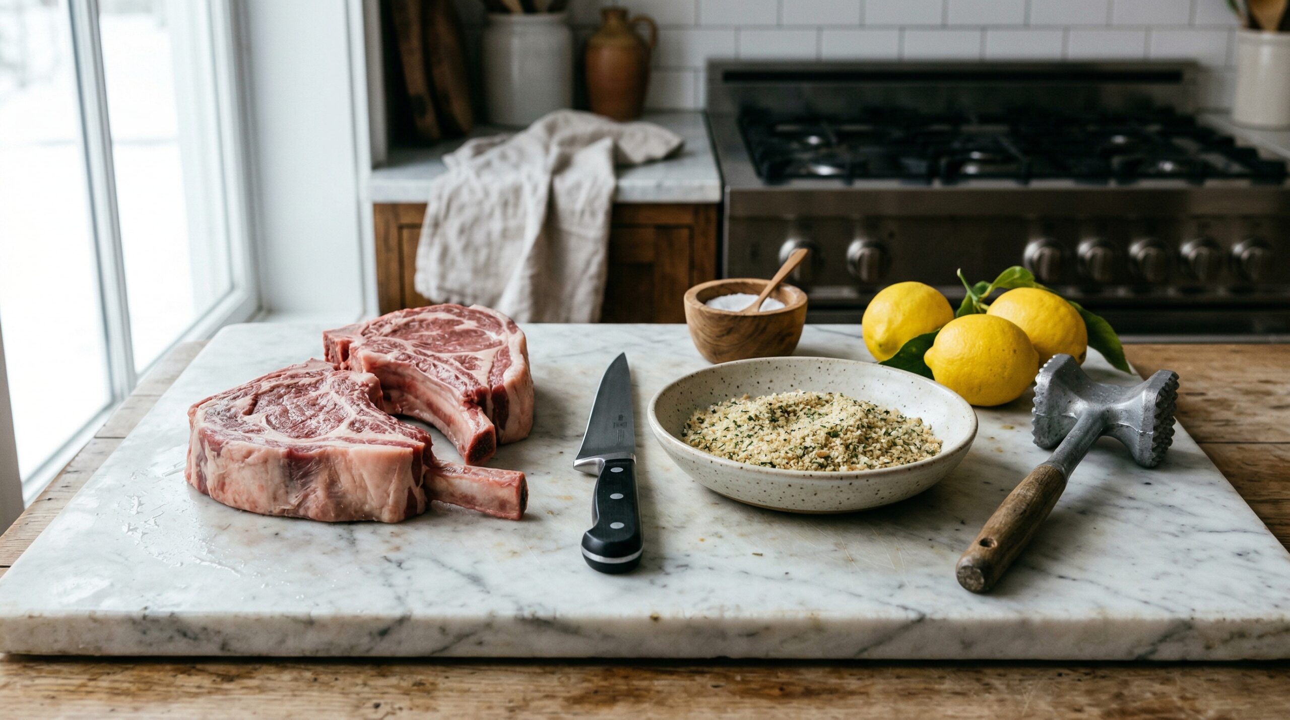 Thick bone-in veal rib chops resting next to a sharp boning knife, seasoned breadcrumbs, and a metal meat mallet