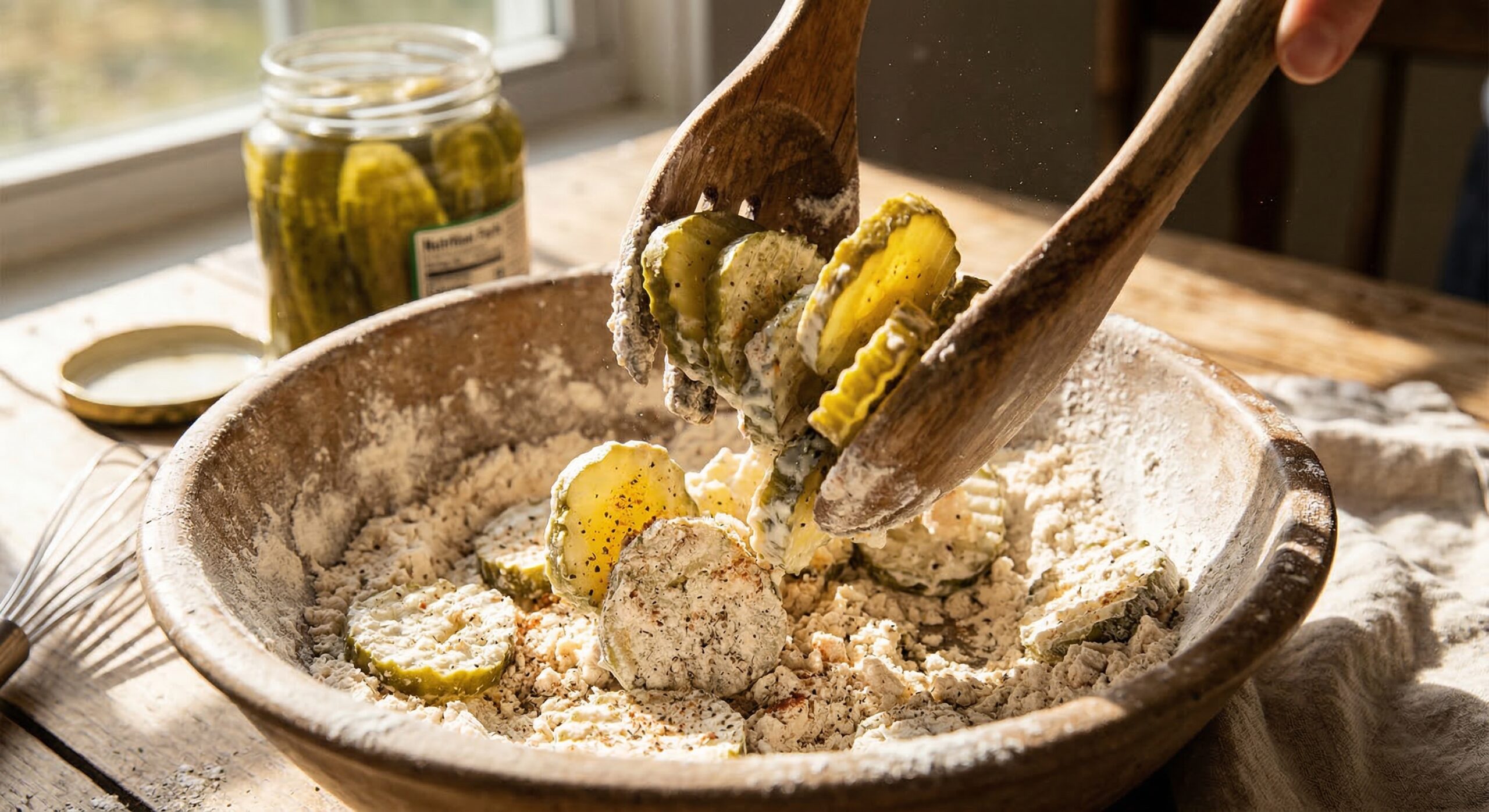 Dill pickle slices tossed in a seasoned buttermilk and flour dredge