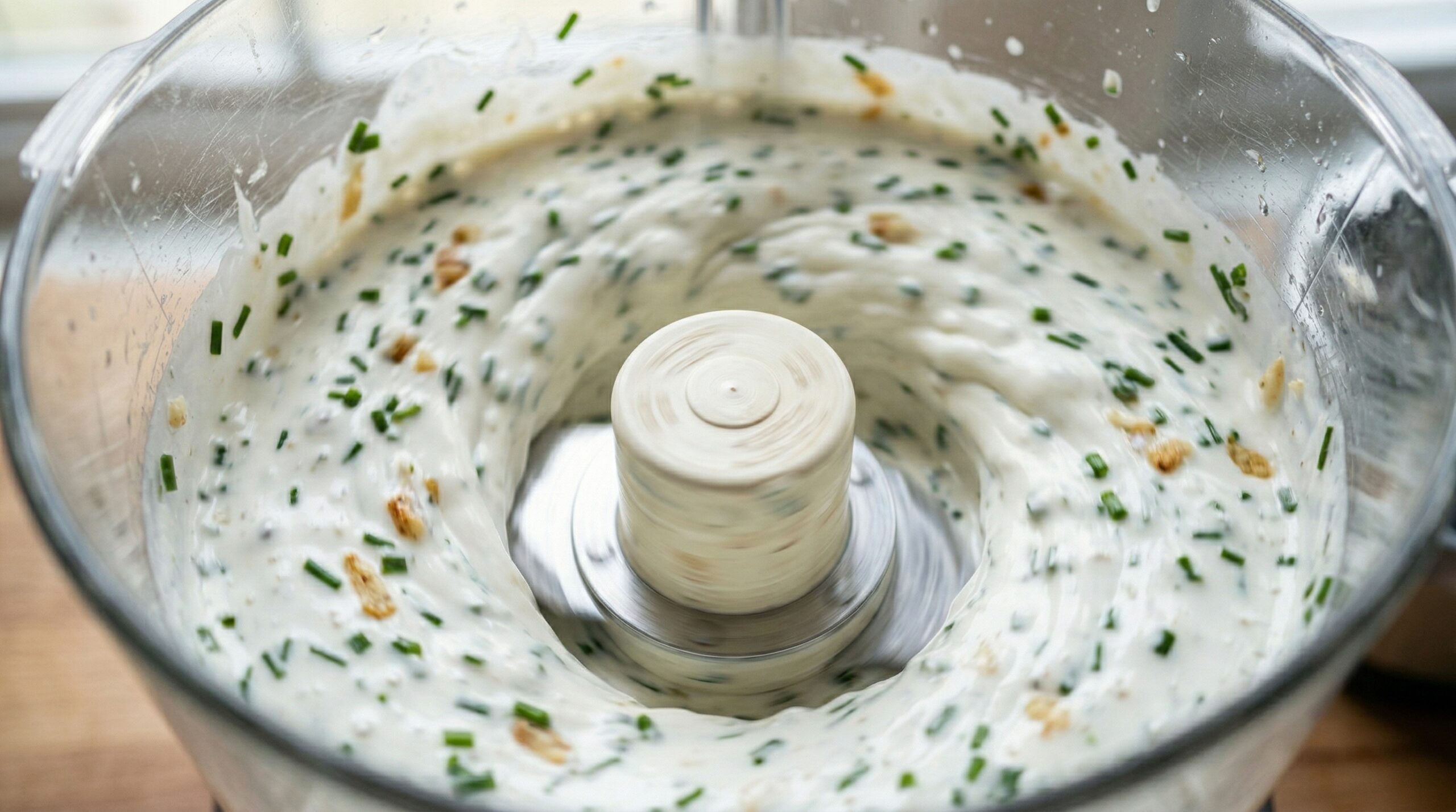 Macro detail of bright white buttermilk, thick sour cream, roasted garlic paste, and fresh green chives actively whirling into a smooth dressing inside a food processor