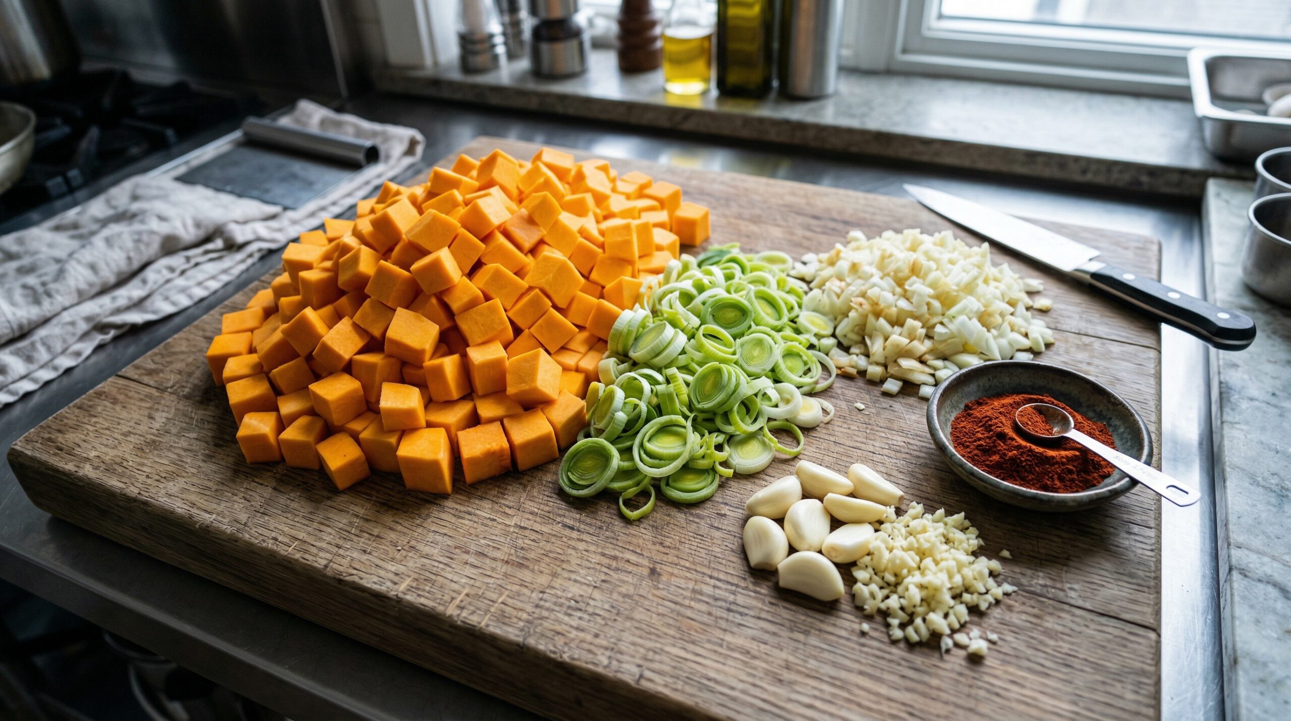Perfectly cubed, bright orange raw butternut squash resting next to thinly sliced green leeks, chopped yellow onions, and peeled garlic cloves on a heavy wooden prep board