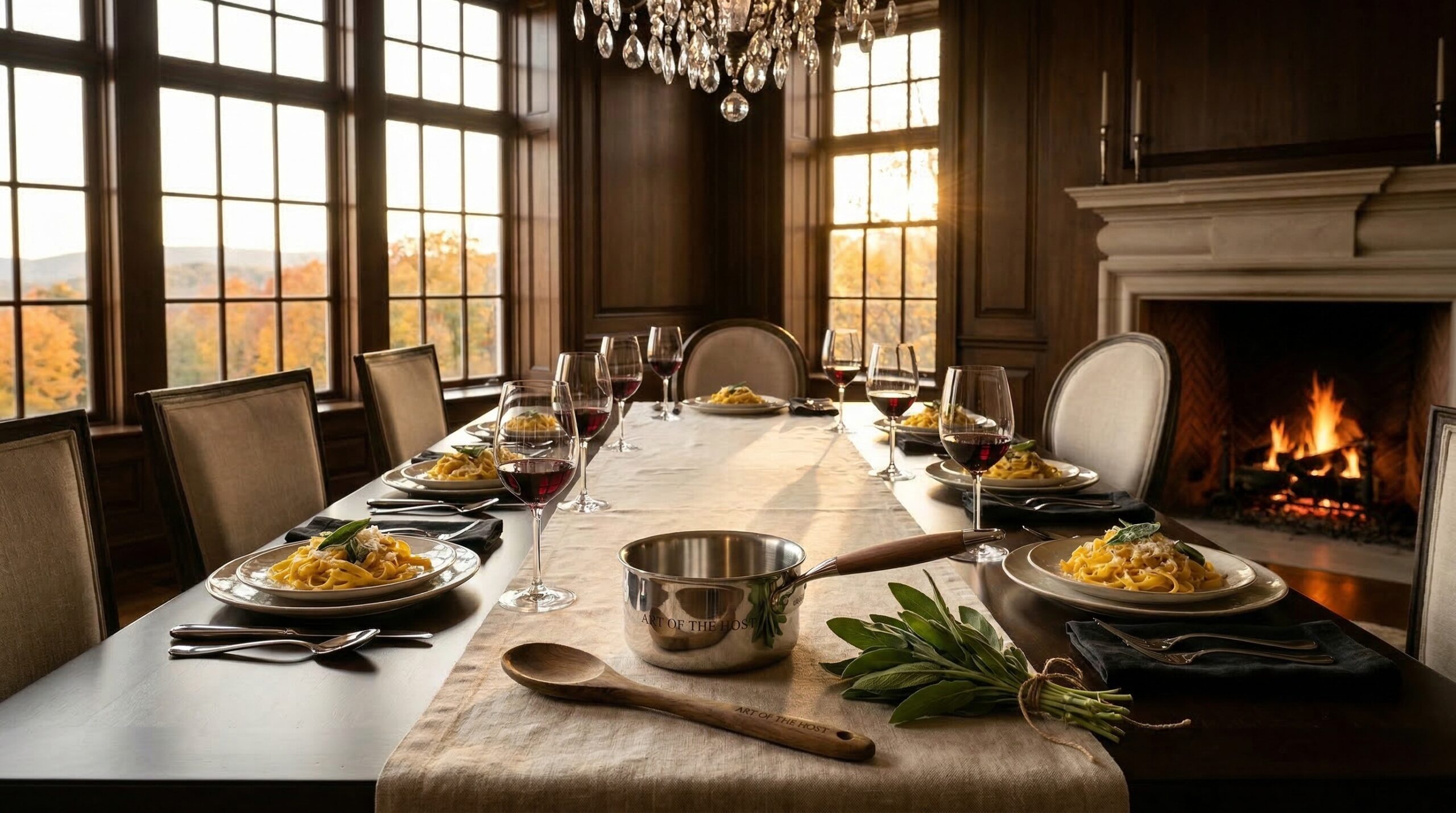 Cozy autumn estate dinner for eight featuring creamy butternut squash fettuccine and soft candlelight