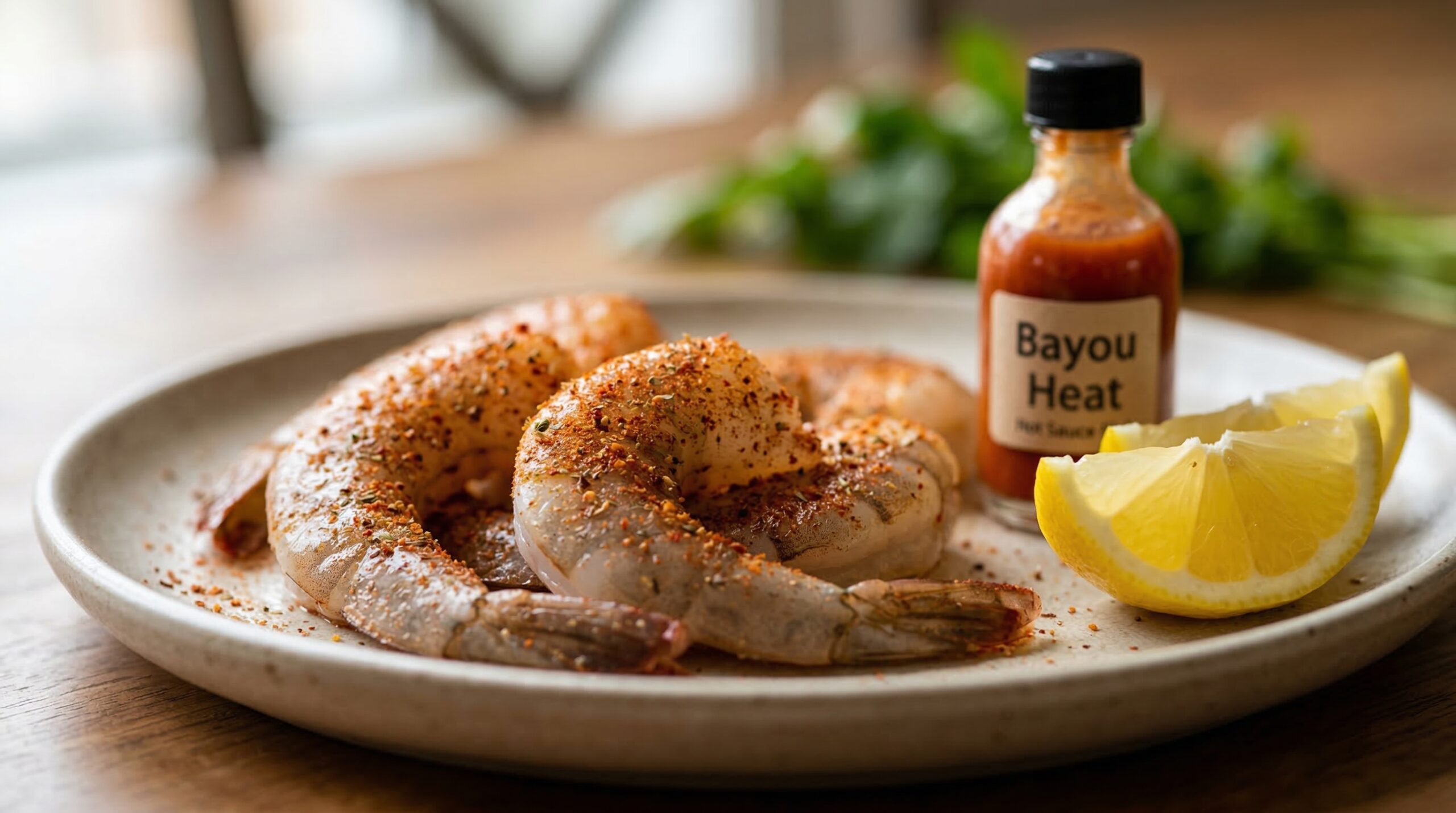 Macro detail of Cajun spiced jumbo shrimp in a rich copper roux gravy