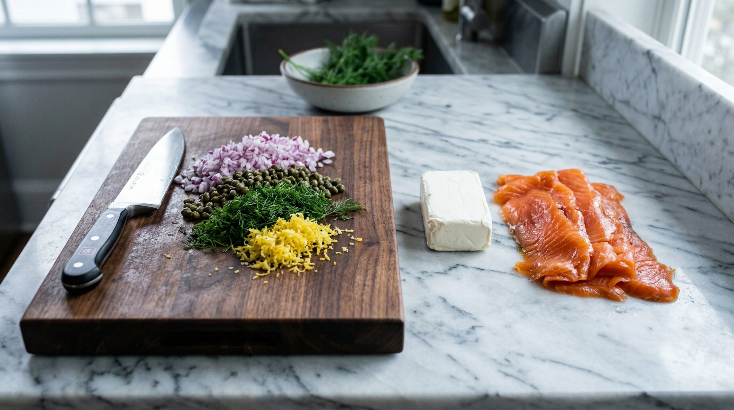 Finely minced red onion, green capers, fresh dill, and bright yellow lemon zest resting next to a block of cream cheese and smoked salmon