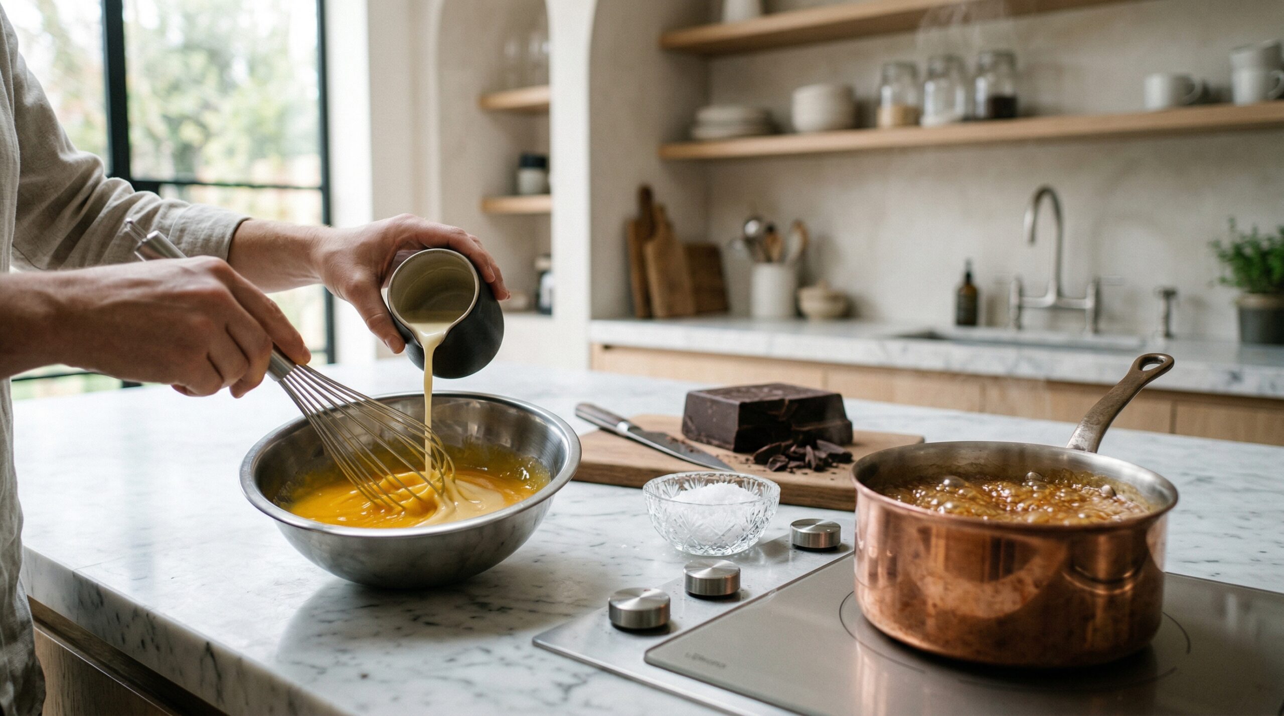 Technical custard tempering showing the gradual incorporation of warm caramel-cream into egg yolks