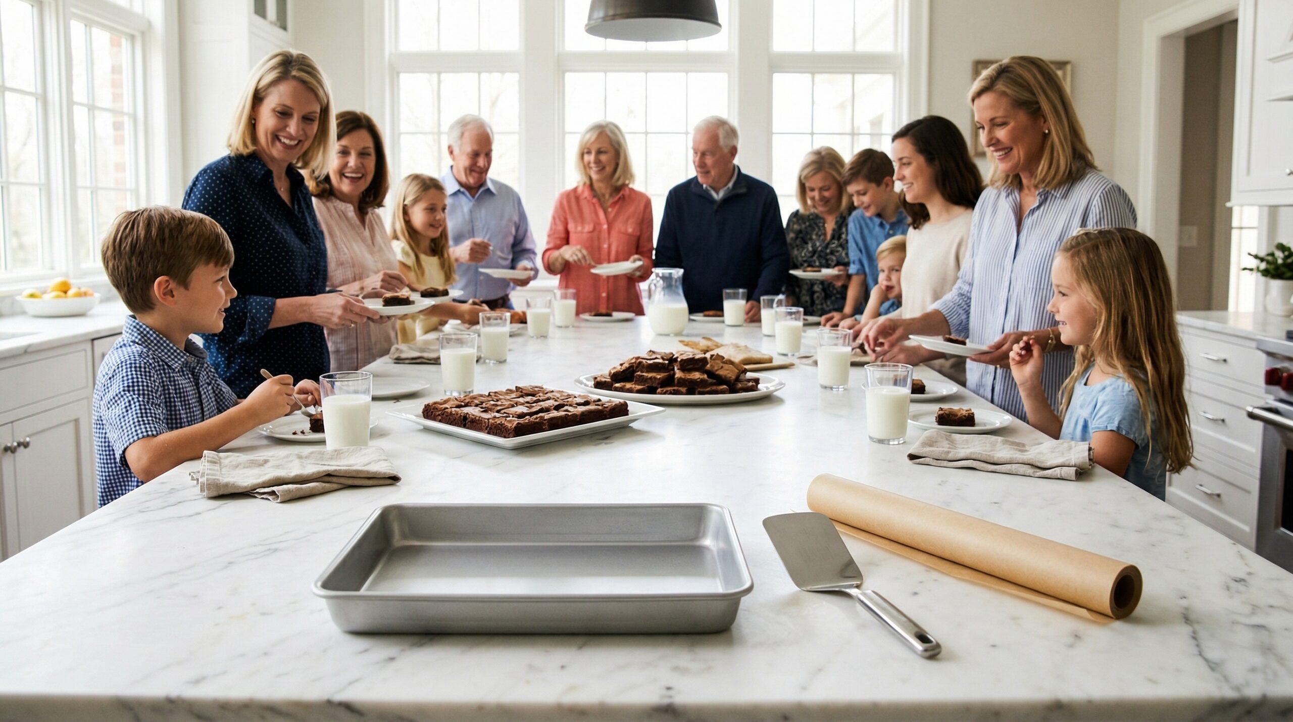 Abundant multi-generational family gathering for eight featuring large platters of brownie bars and milk