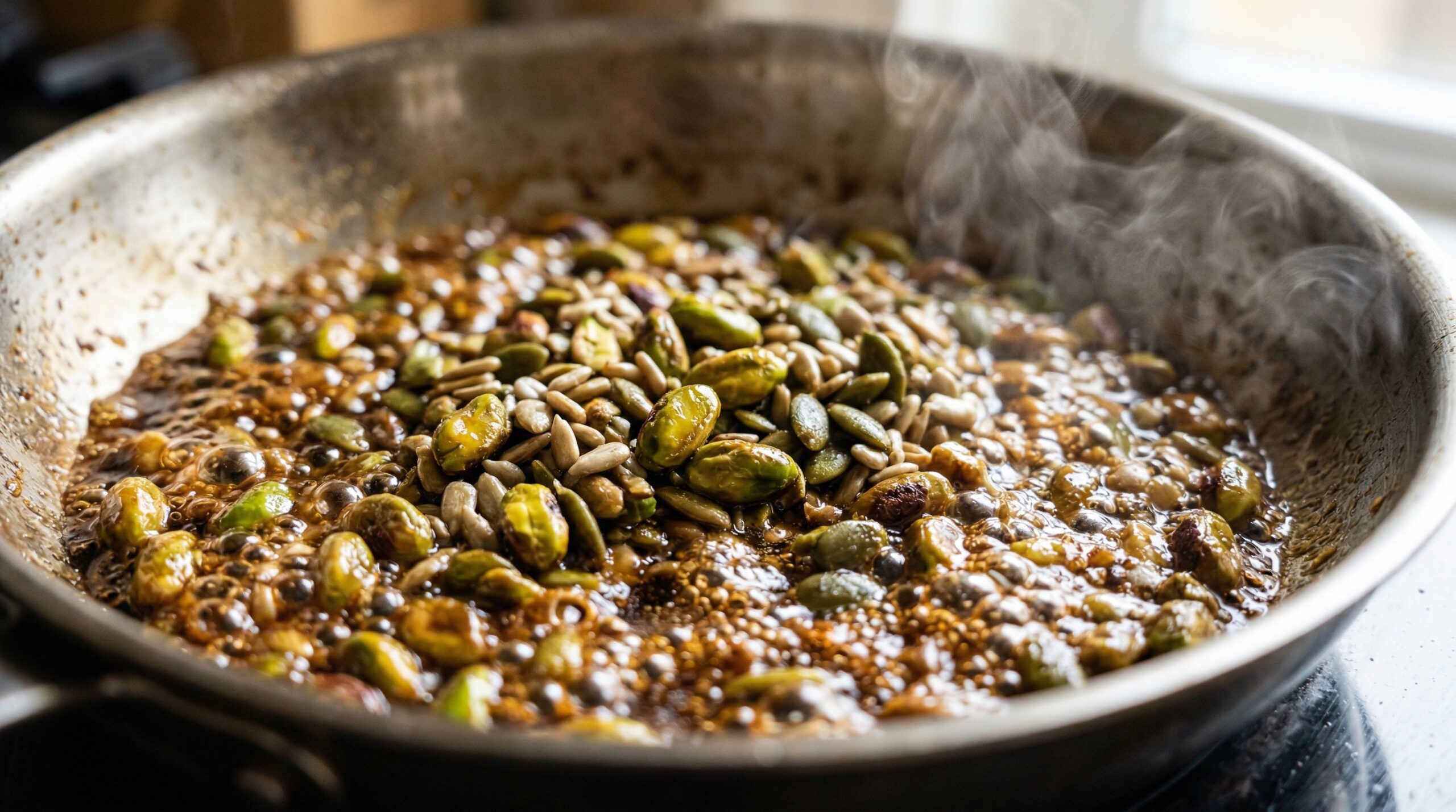 Macro detail of bright green pistachios, sunflower seeds, and pepitas actively toasting and bubbling in a rich, dark glaze of melted butter and brown sugar
