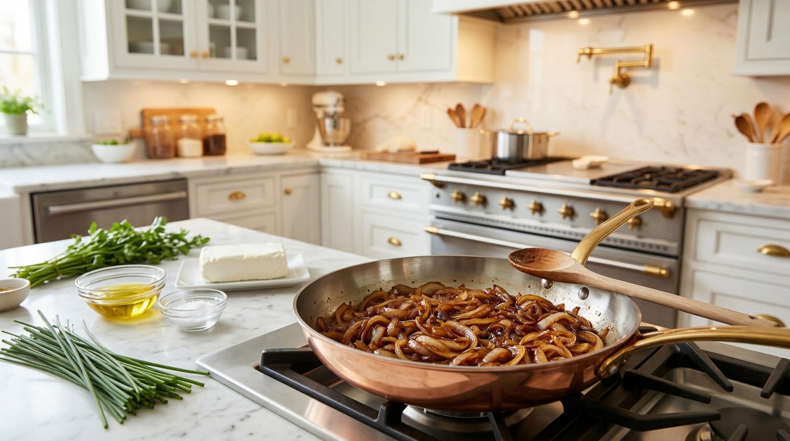 Copper skillet filled with deeply browned, syrupy sliced onions