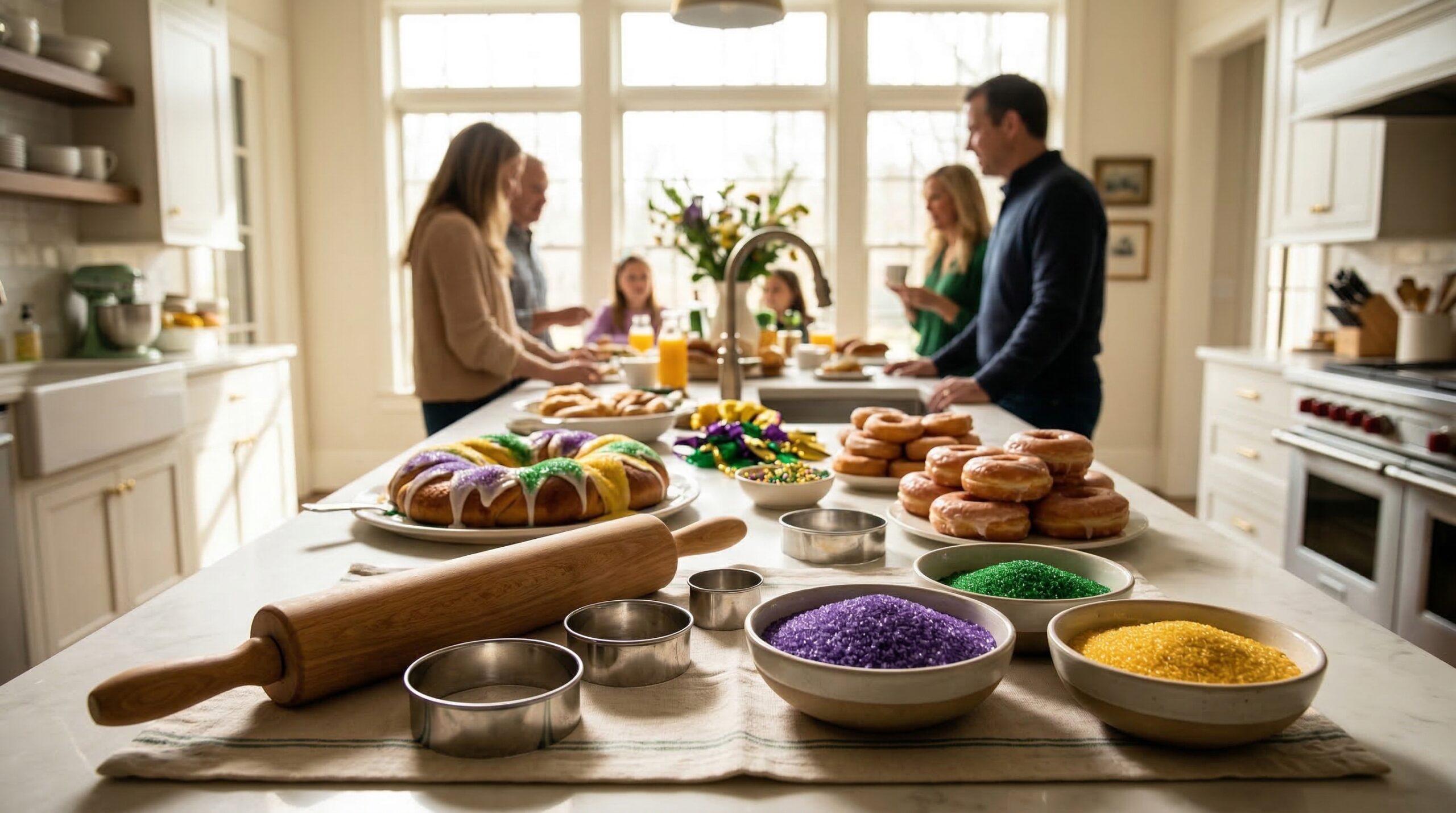 Festive estate kitchen island brunch for eight featuring Mardi Gras bread and vibrant carnival sugars