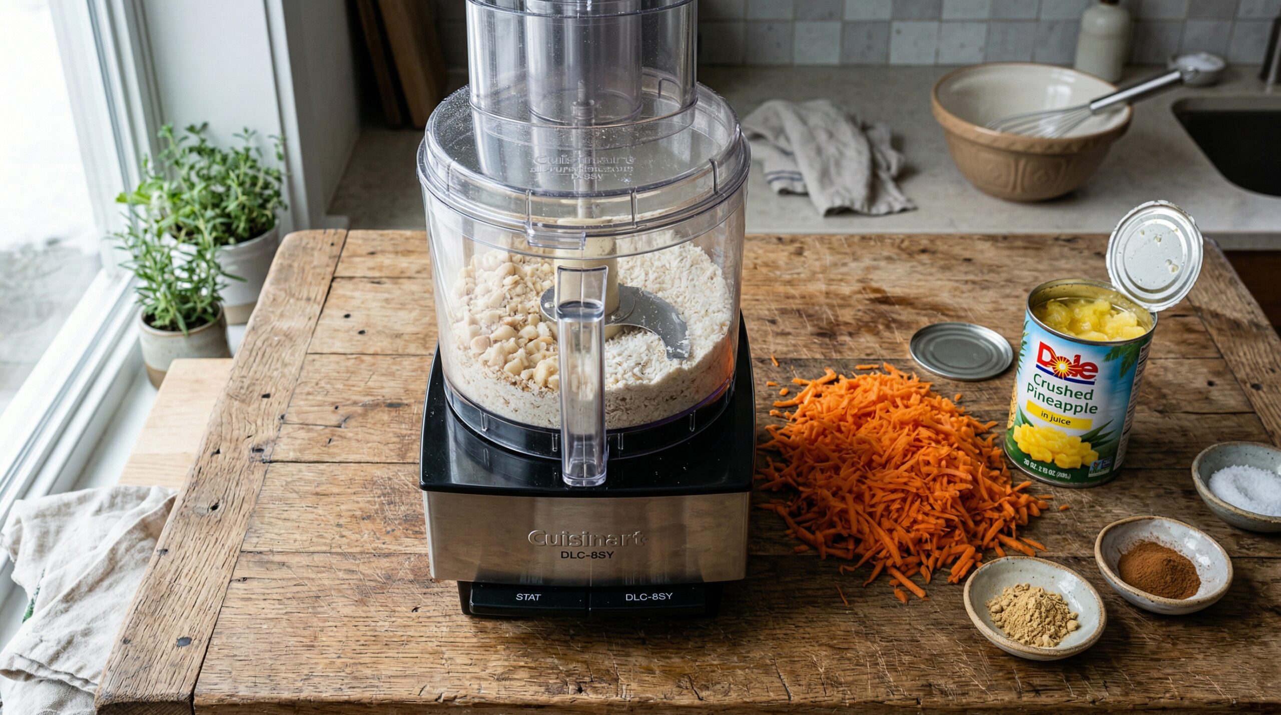 A food processor bowl filled with a coarse mixture of flour and macadamia nuts resting next to bright orange grated carrots and crushed pineapple