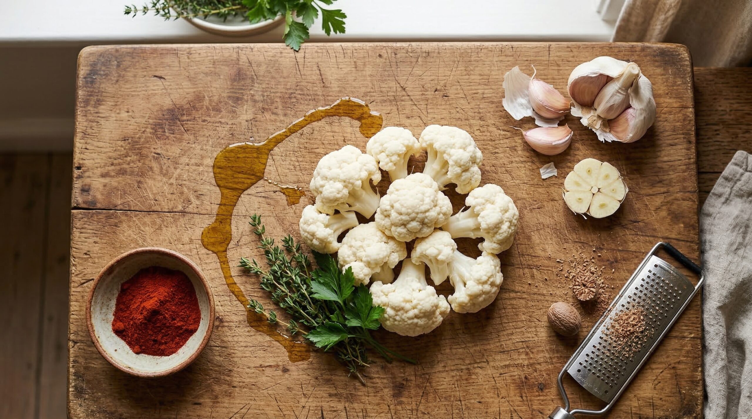 Fresh cauliflower florets and thinly sliced garlic cloves prepared for roasting on a wooden board