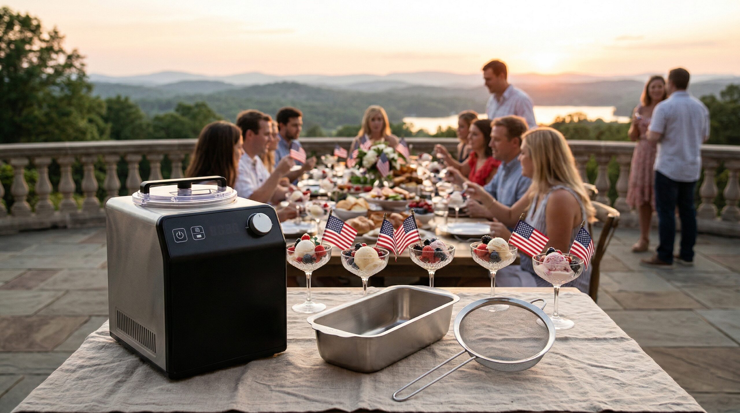 Evening estate terrace celebration for eight featuring crystal coupes of chamomile honey ice cream at sunset