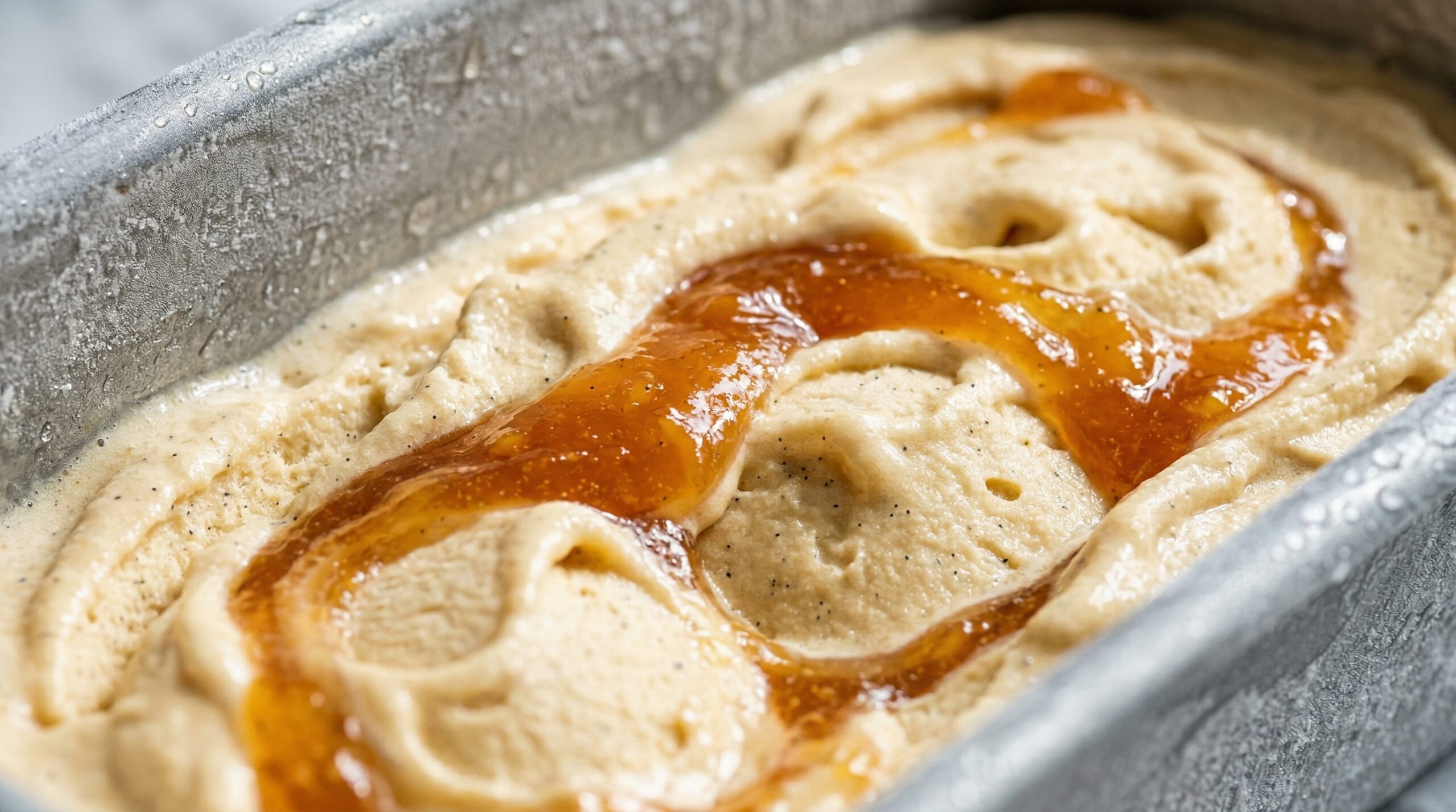 Macro detail of velvety honey ice cream with a translucent peach reduction swirl