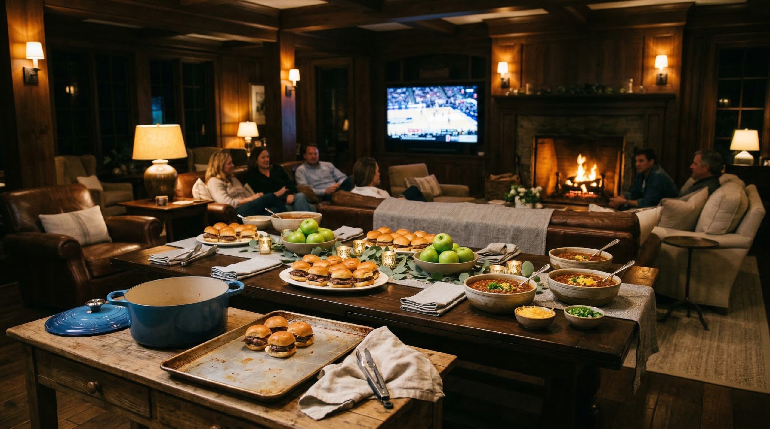 Abundant game-day slider and chili service for eight in a sophisticated estate living room