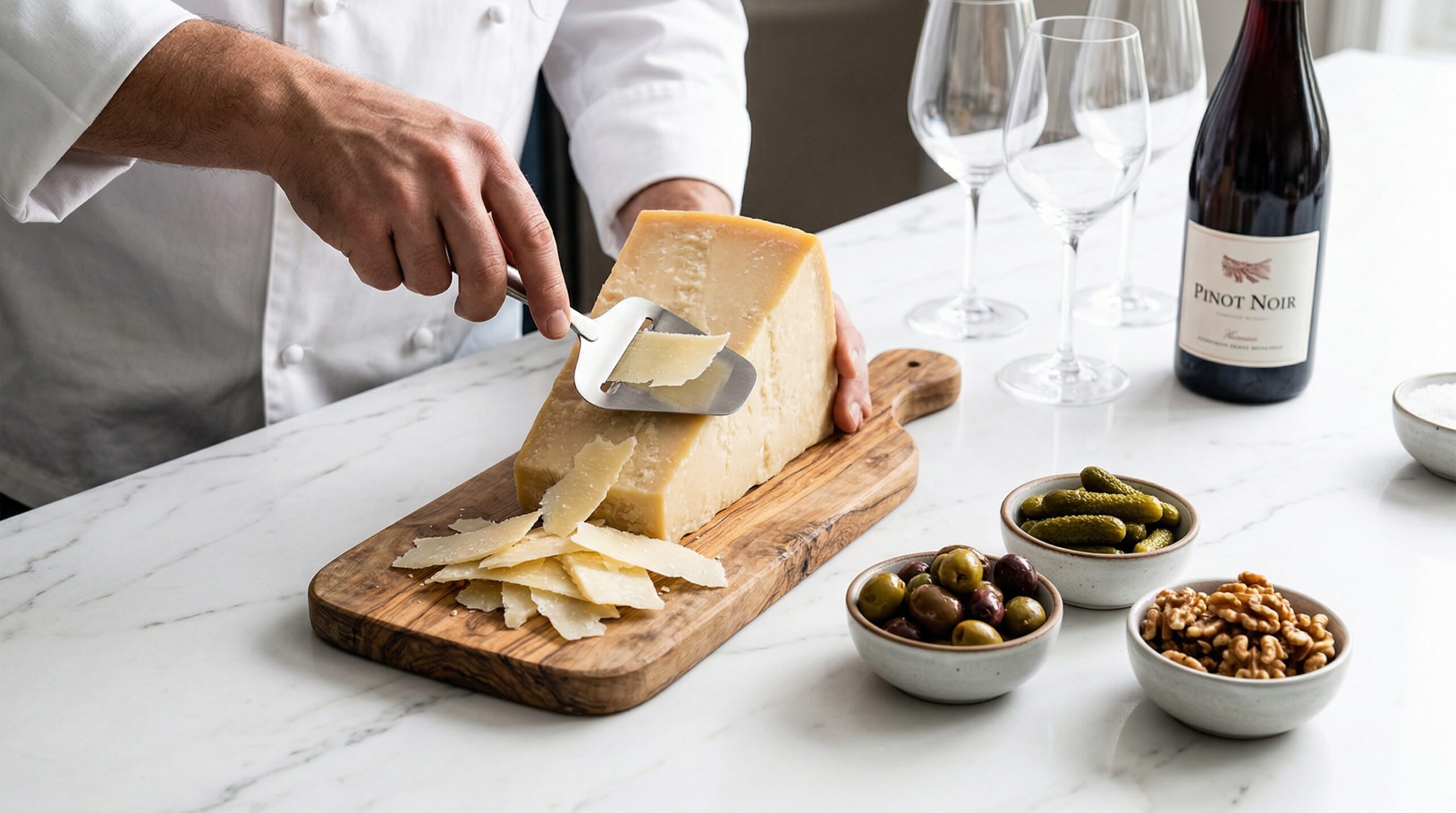 Technical preparation of a charcuterie board featuring shaved Parmesan, marinated olives, and walnuts