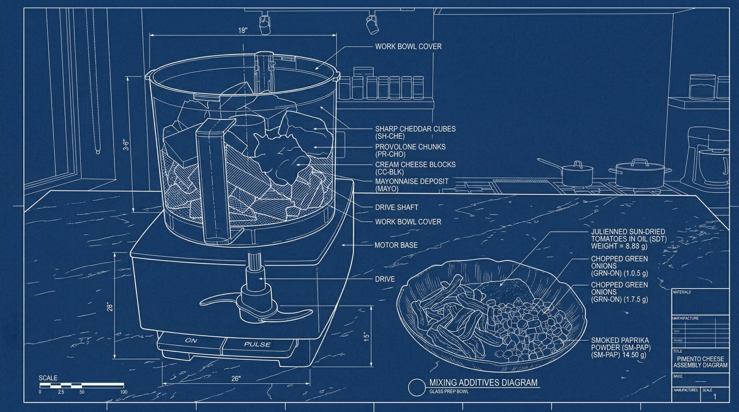 A heavy food processor bowl filled with chunks of sharp cheddar, provolone, cream cheese, and mayonnaise next to a bowl of vibrant red sun-dried tomatoes and chopped green onions