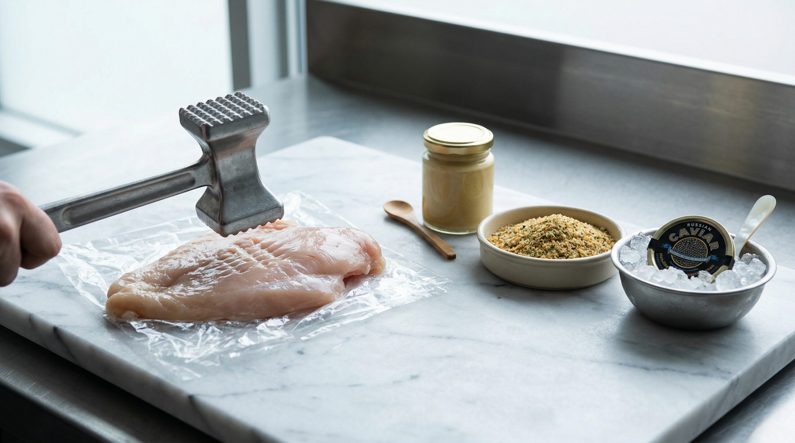 A heavy metal meat mallet resting next to a pounded chicken breast, Dijon mustard, and seasoned breadcrumbs on a marble board