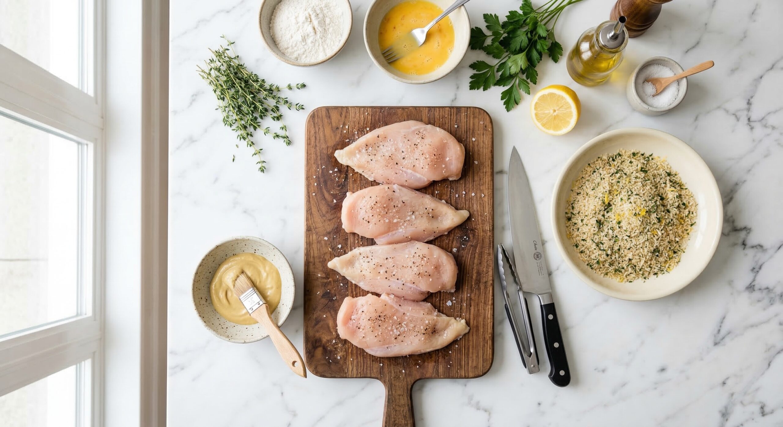 Top-down view of a culinary prep station for Chicken Milanese, featuring Dijon mustard, breadcrumbs, and raw chicken breasts on a marble counter.