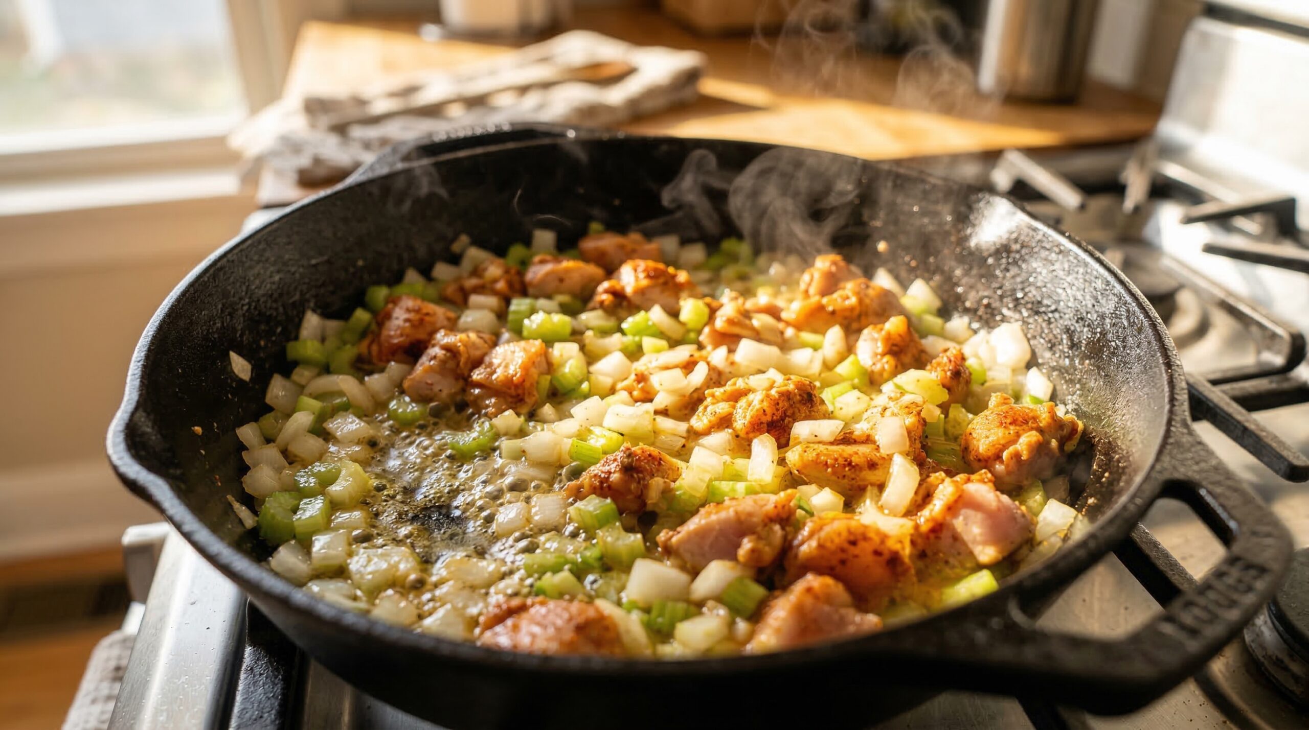 Diced white onions, celery, and spicy chicken sweating in melted butter inside a cast-iron skillet