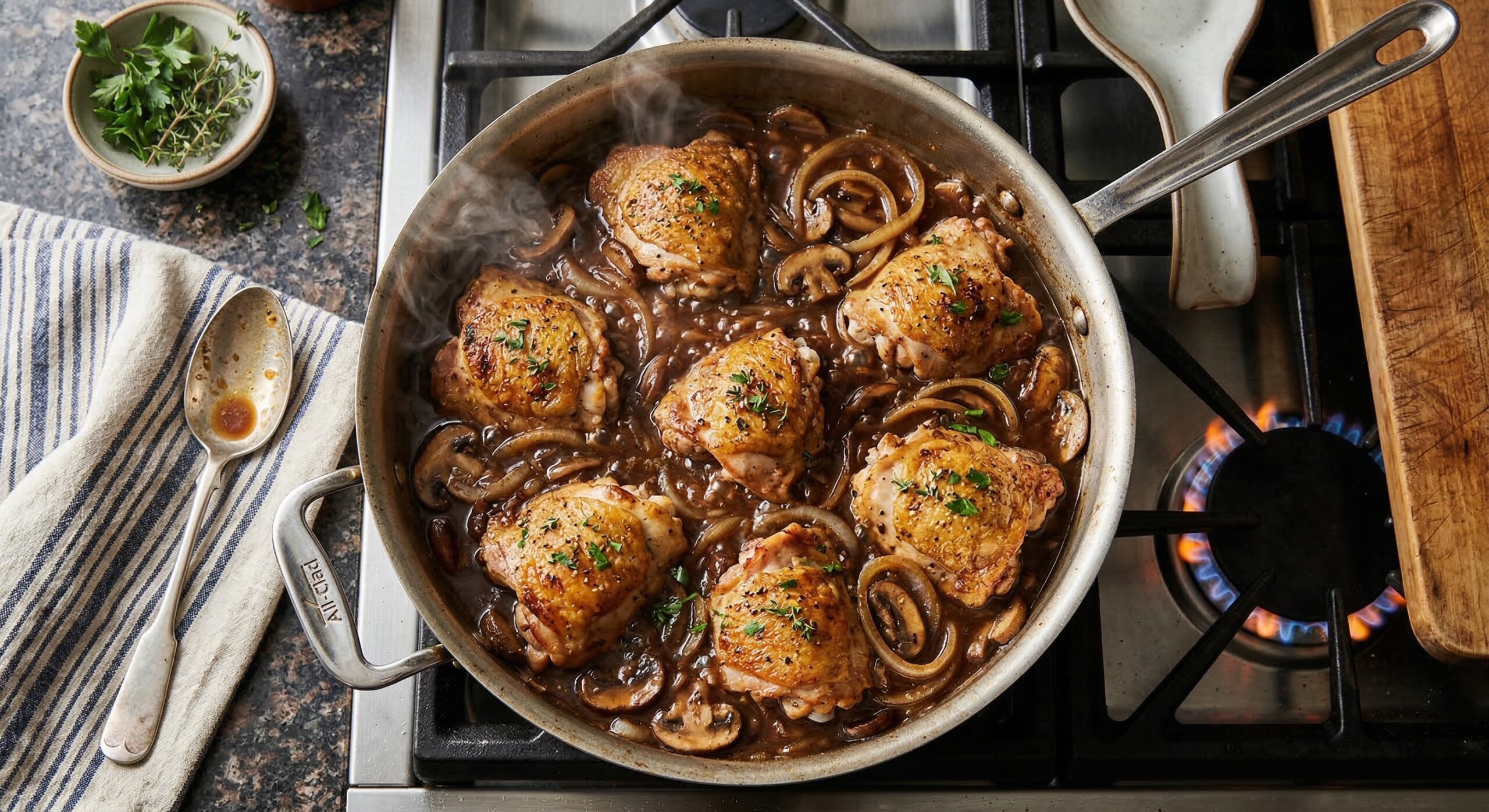 Chicken thighs simmering in a savory Marsala wine and mustard sauce