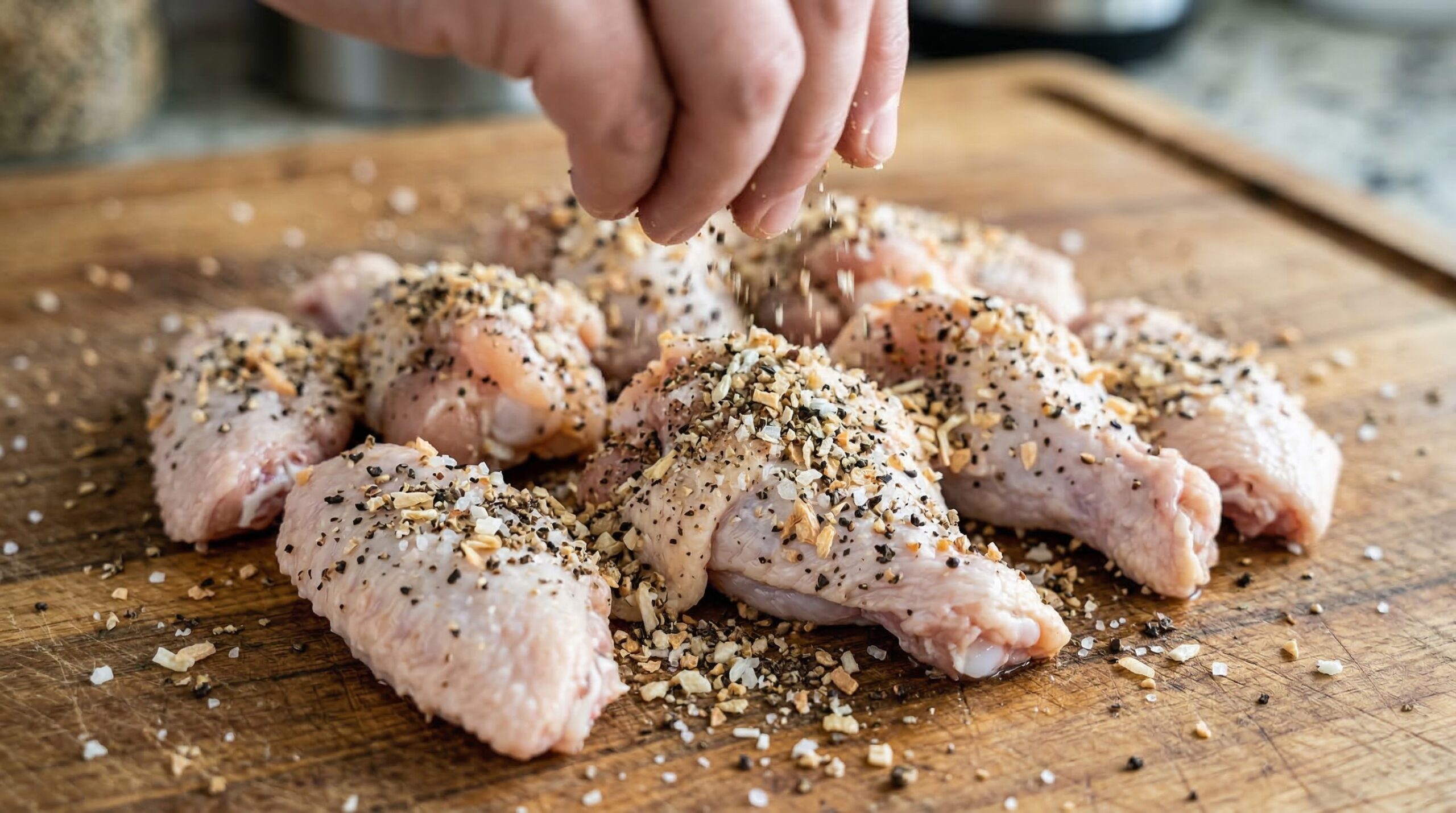 Raw chicken wings with a coarse dry spice rub on a wooden cutting board