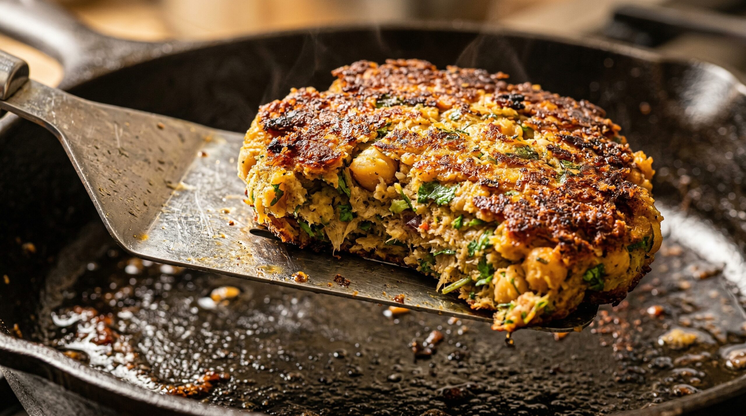 Macro detail of a skillet-seared chickpea patty being lifted by a stainless steel spatula