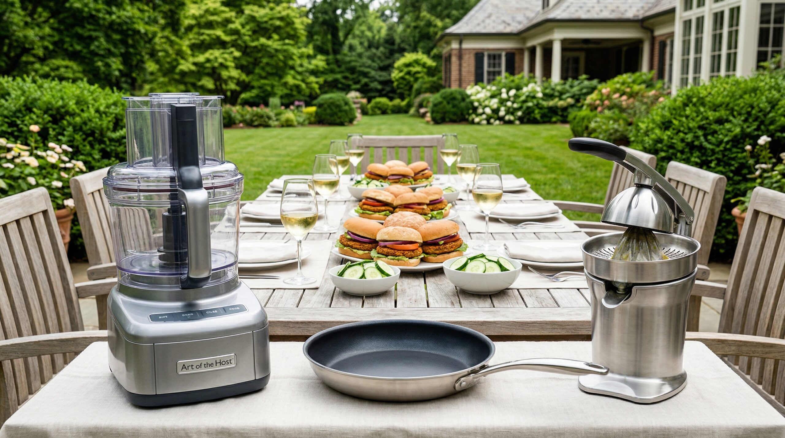 High-noon estate terrace lunch for eight featuring abundant platters of chickpea veggie burgers and chilled white wine