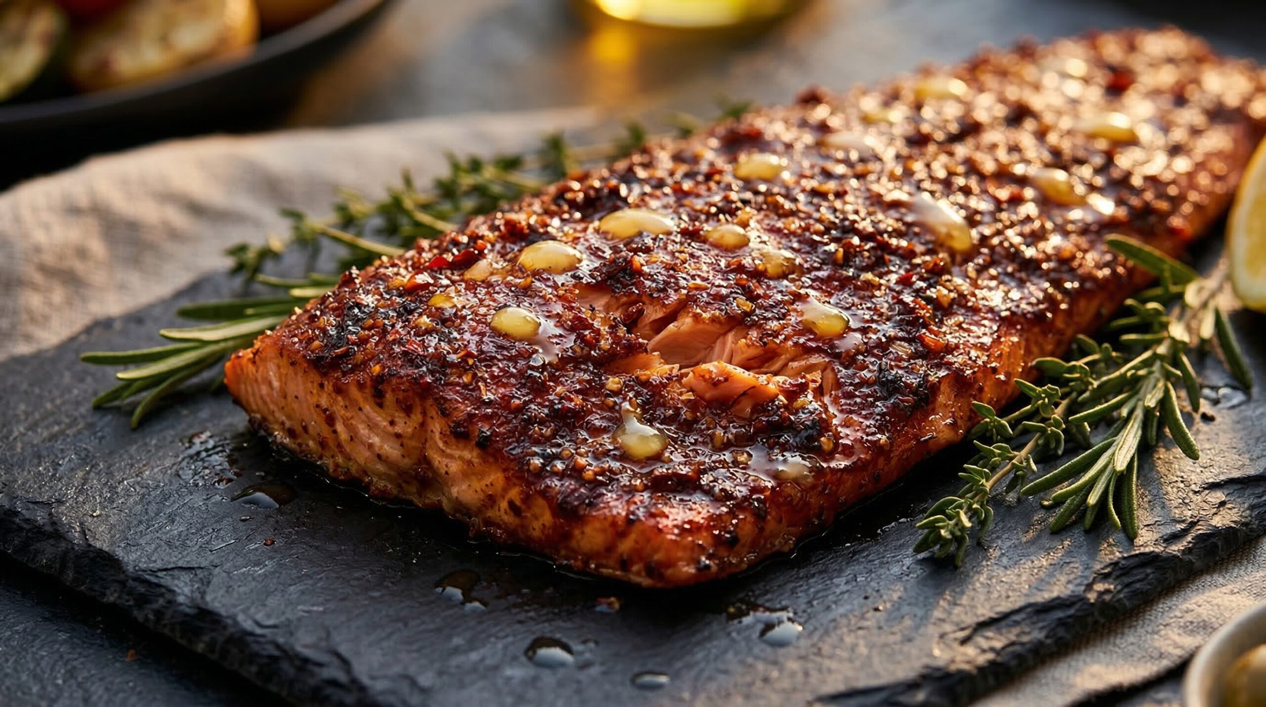 Close-up of applying a chili and brown sugar spice rub to a whole salmon fillet
