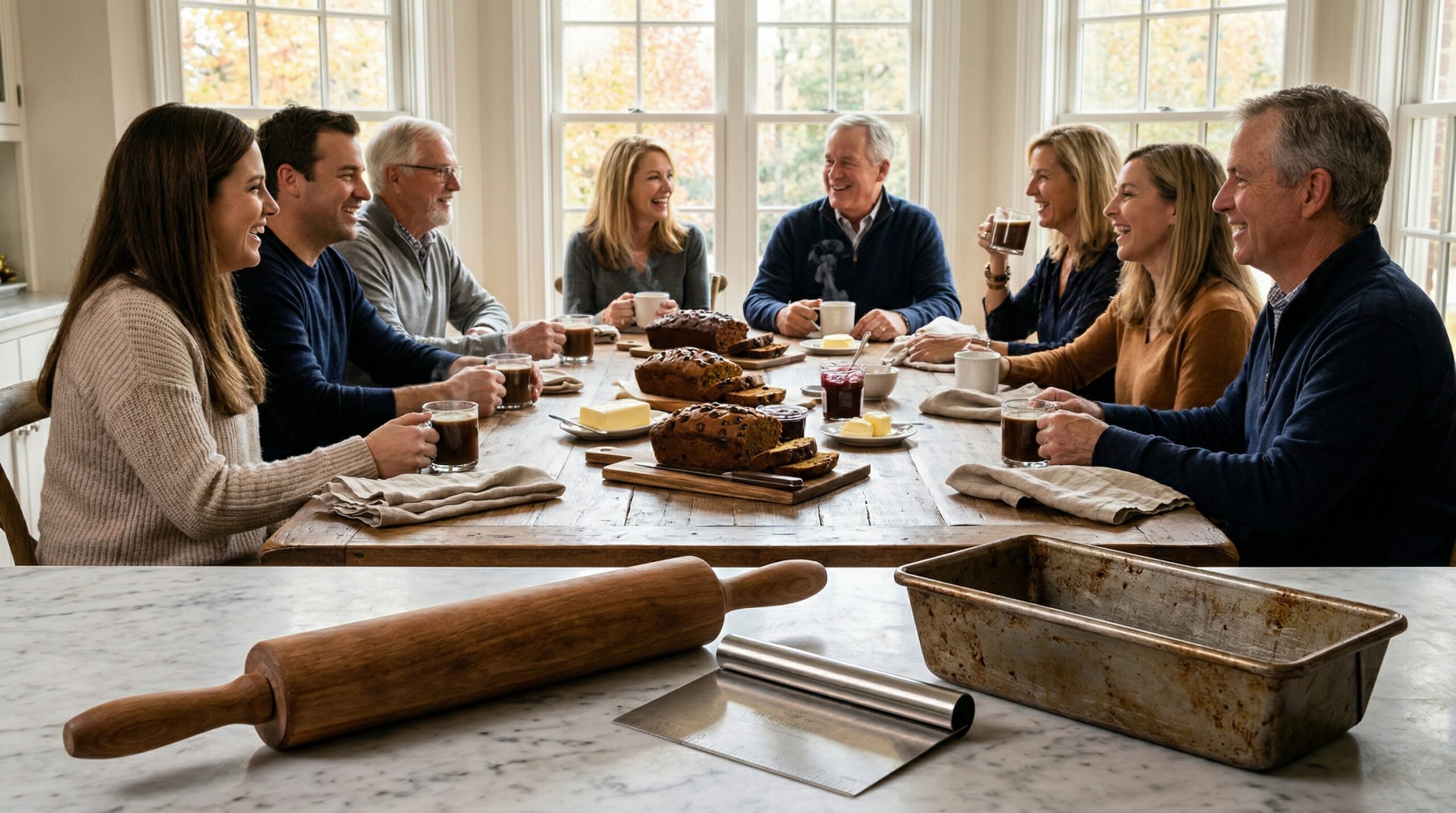 Cozy autumn estate breakfast for eight featuring loaves of chocolate pumpkin bread and coffee