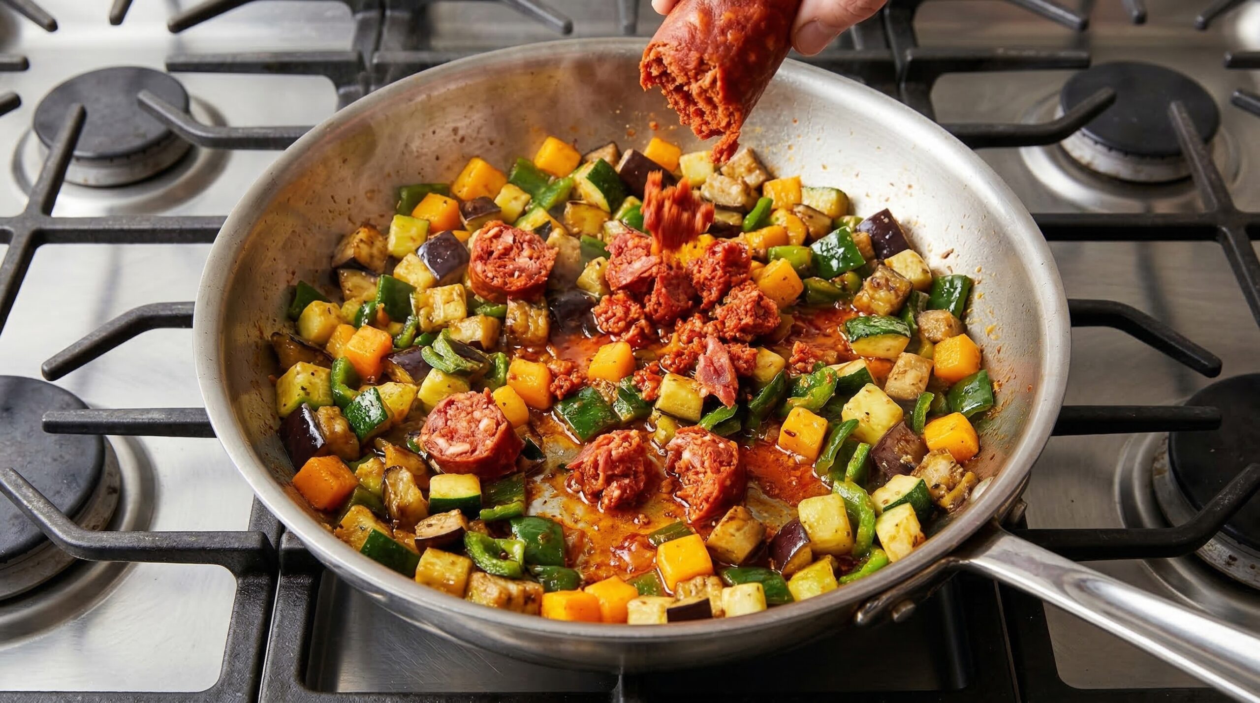 Savory chorizo, eggplant, and peppers simmering in a skillet for the squash stuffing