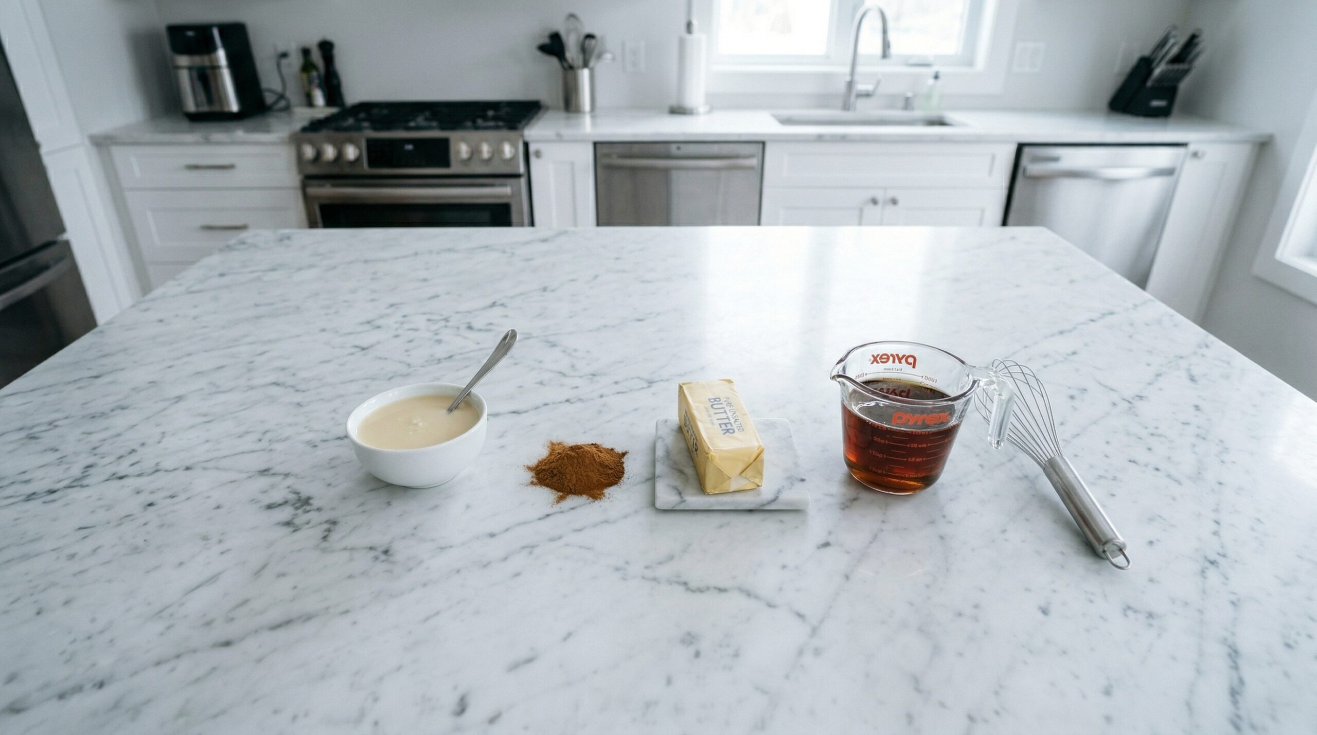 A heavy glass measuring cup filled with dark amber maple syrup next to sweetened condensed milk, ground cinnamon, and unsalted butter on a marble counter