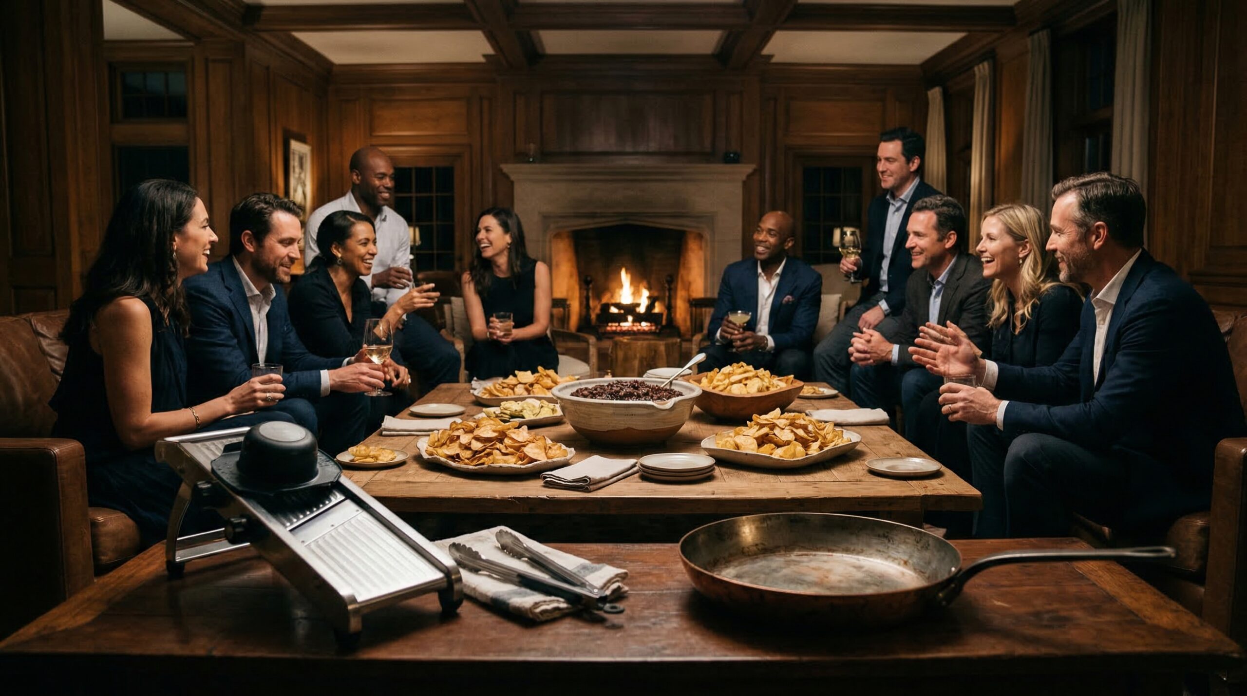 Nostalgic evening estate gathering for eight with chips, onion dip, and a warm fireplace glow