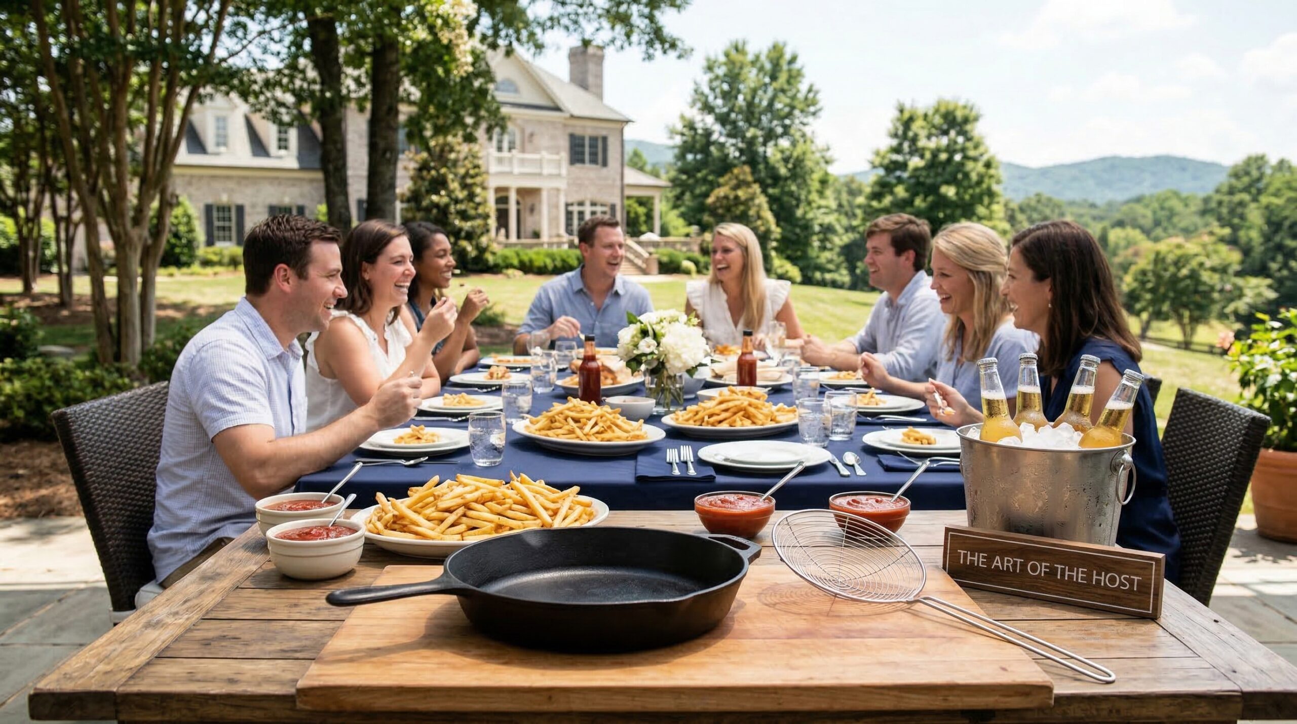 Backyard estate cookout for eight featuring abundant platters of French fries and chilled beers
