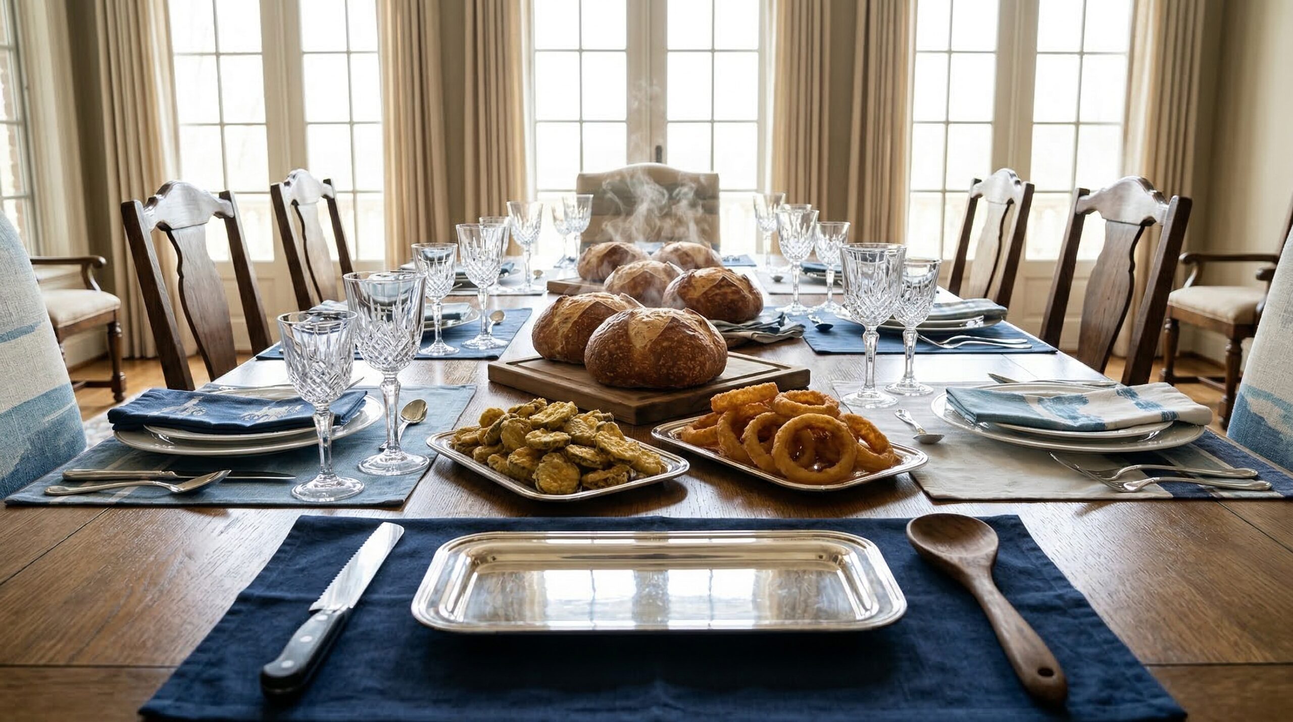 Abundant coastal championship feast for eight on a grand estate dining table