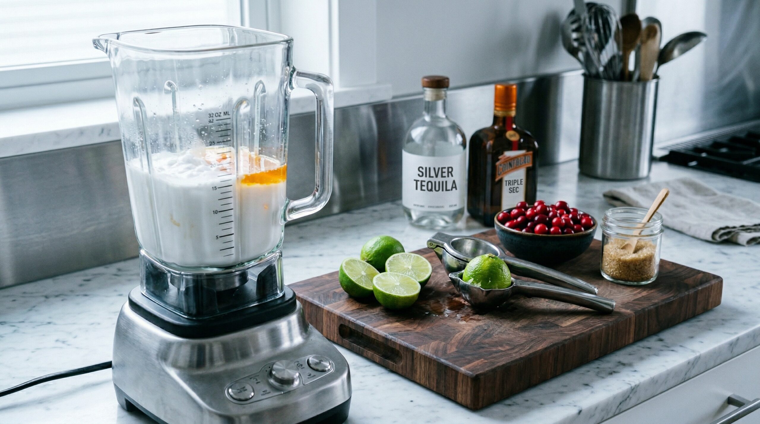 A heavy glass blender pitcher holding thick coconut milk and silver tequila resting next to fresh halved limes and bright red cranberries on a pristine marble counter