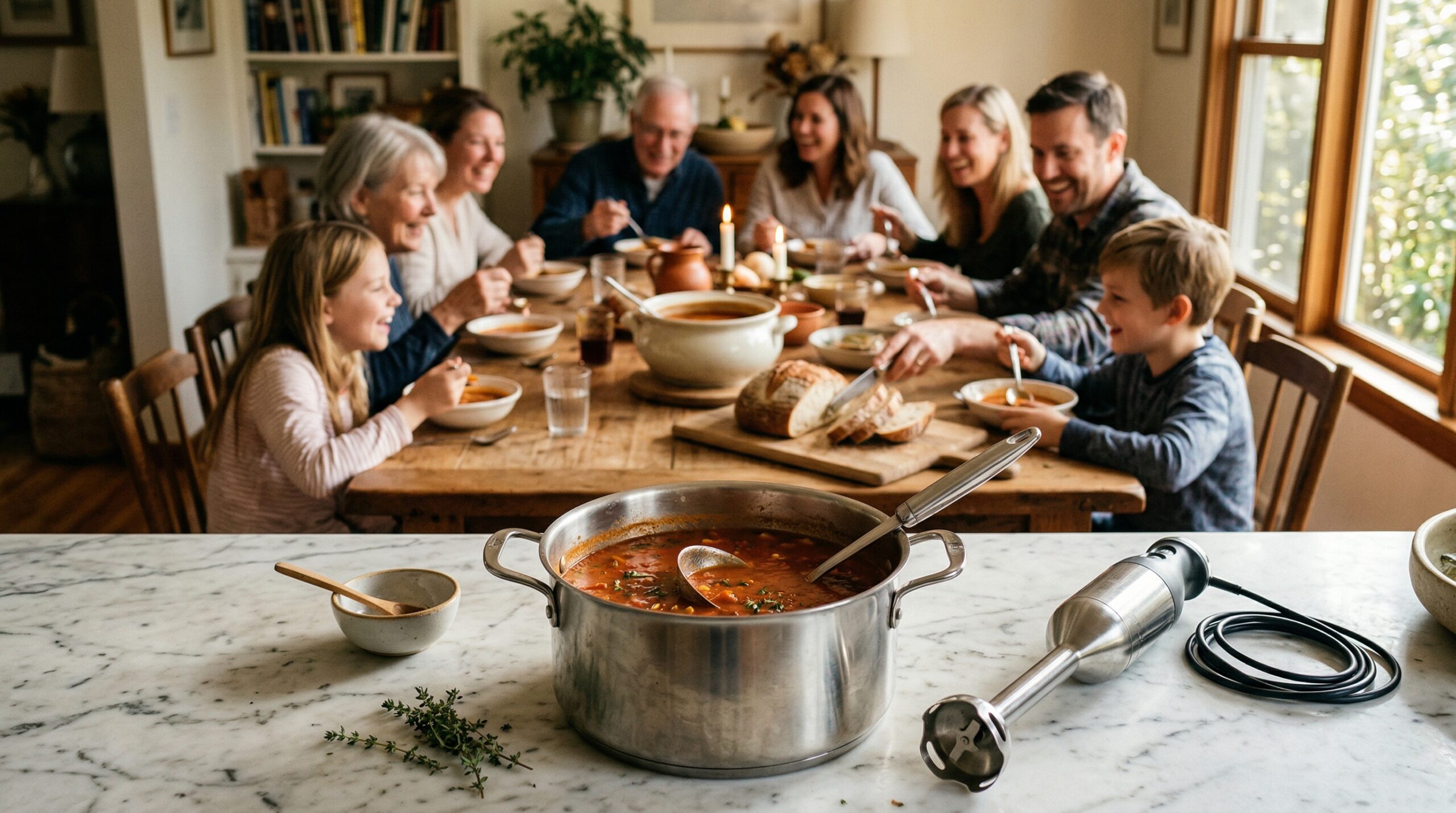 A heavy stainless steel soup pot, an immersion blender, and a silver soup ladle in sharp focus in the foreground, with a blurred background showing a cozy dining nook gathering