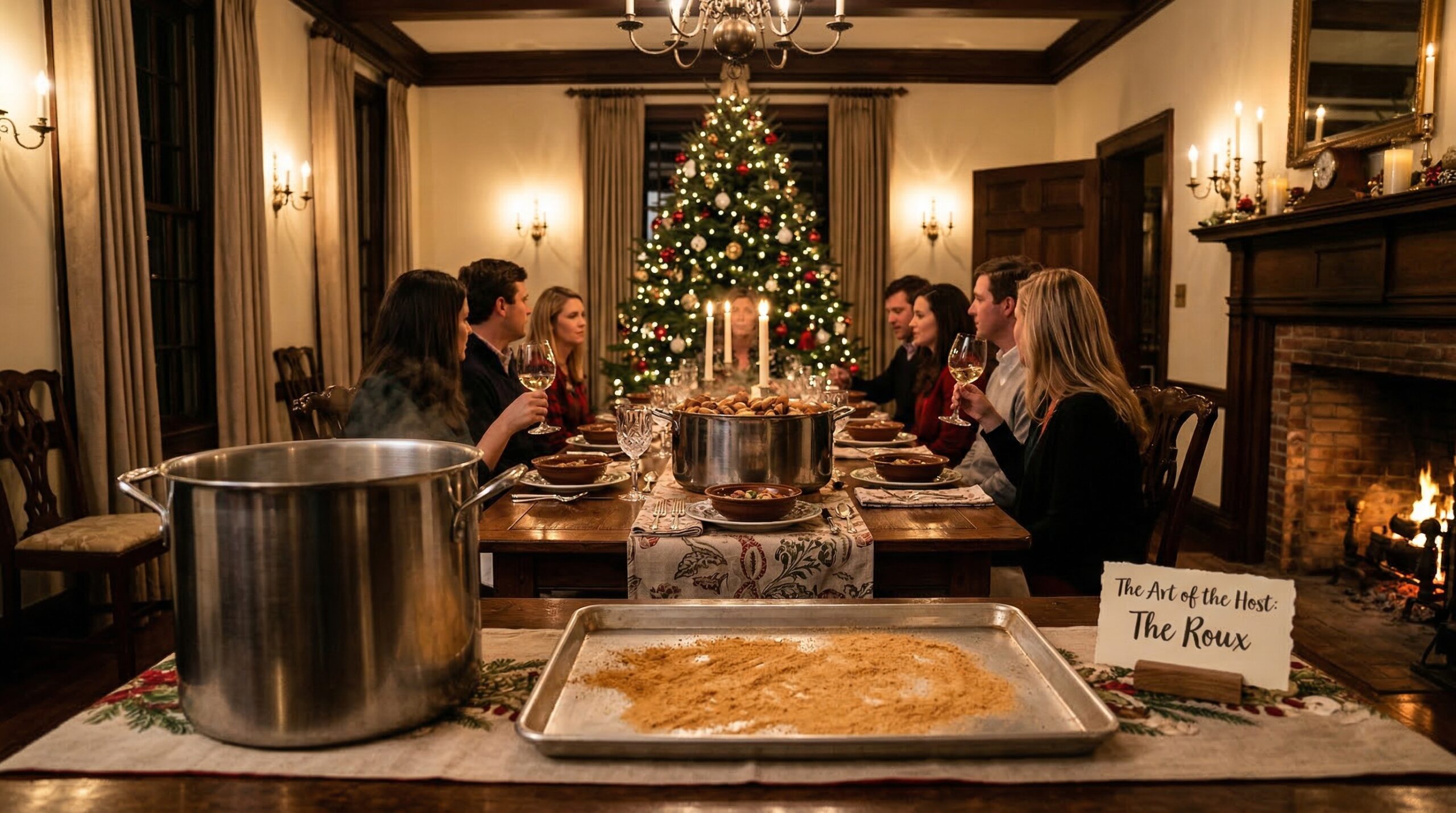 Festive Christmas Eve dinner for eight featuring a large steaming pot of gumbo and warm holiday light